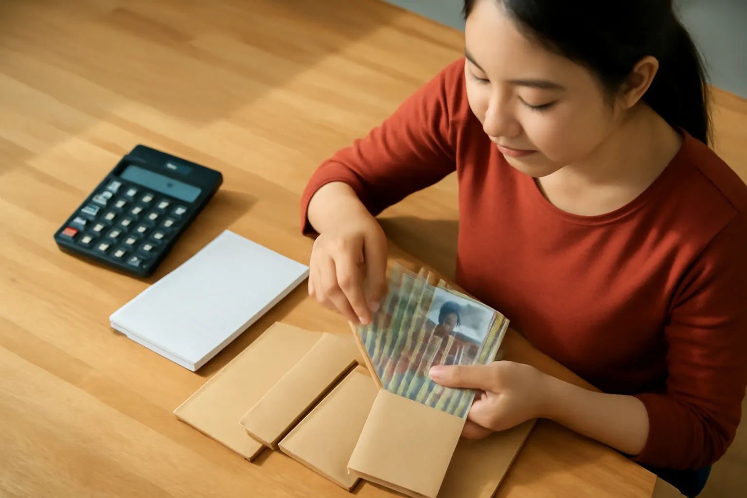 Cô gái trẻ chia tiền vào mấy phong bì giấy kraft trên bàn gỗ