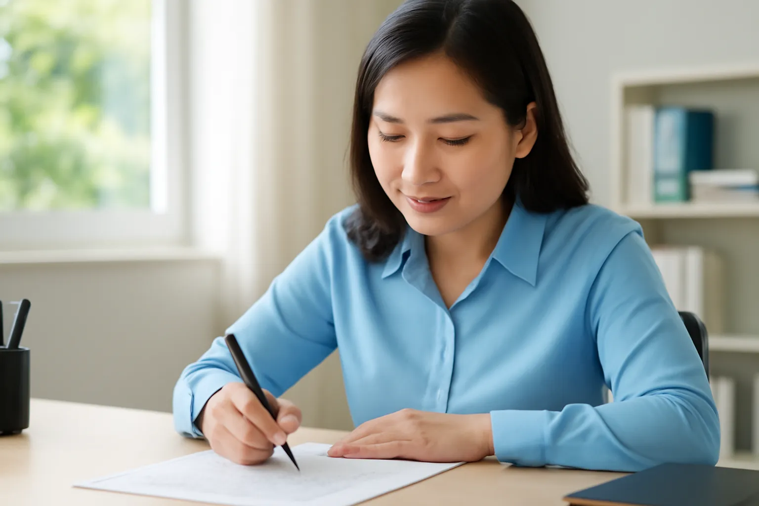 Người phụ nữ tập viết chữ bằng bút máy, nét chữ mờ