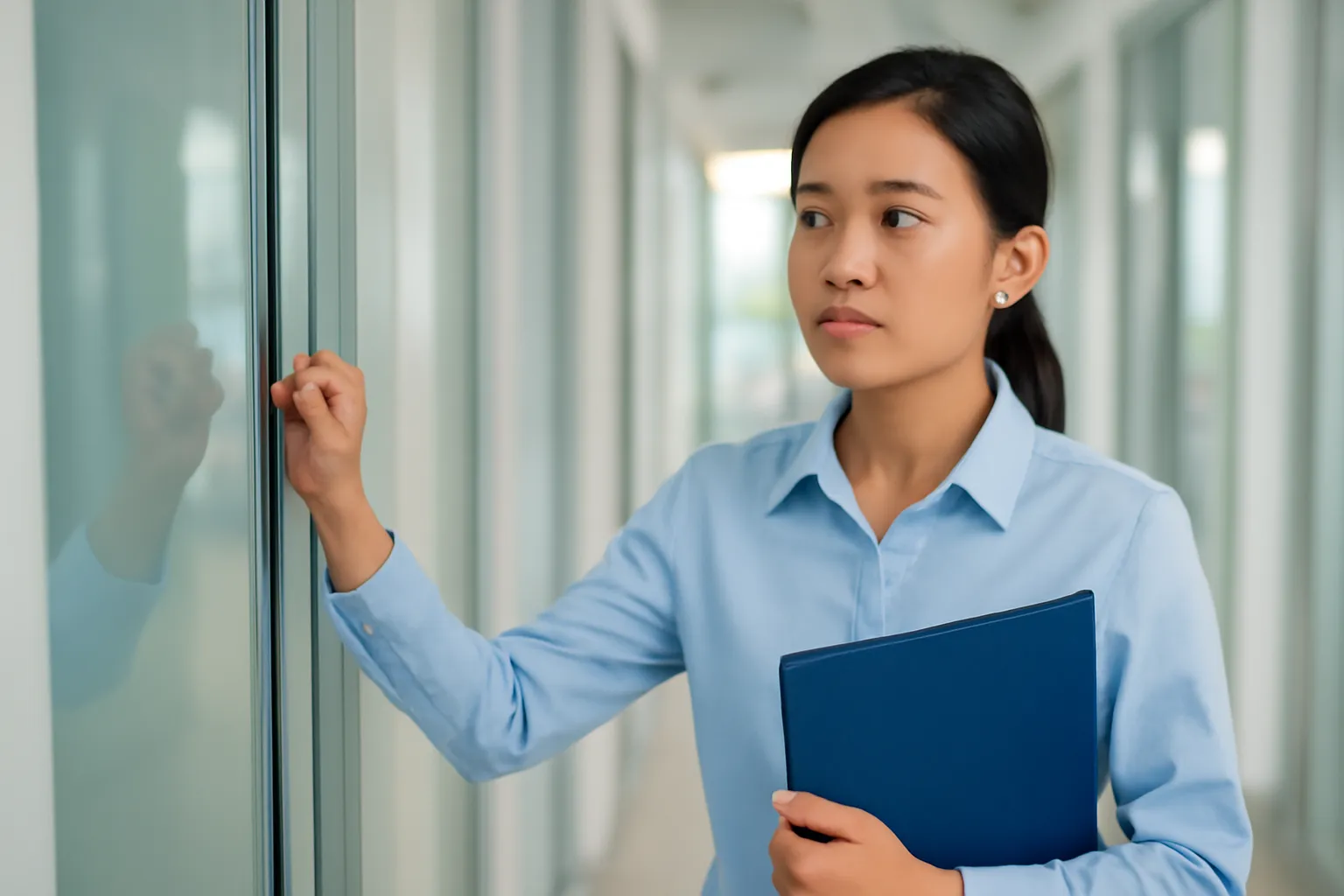 Nhân viên trẻ gõ cửa phòng kính của quản lý, tay cầm tập hồ sơ, nét mặt nghiêm mà bình tĩnh