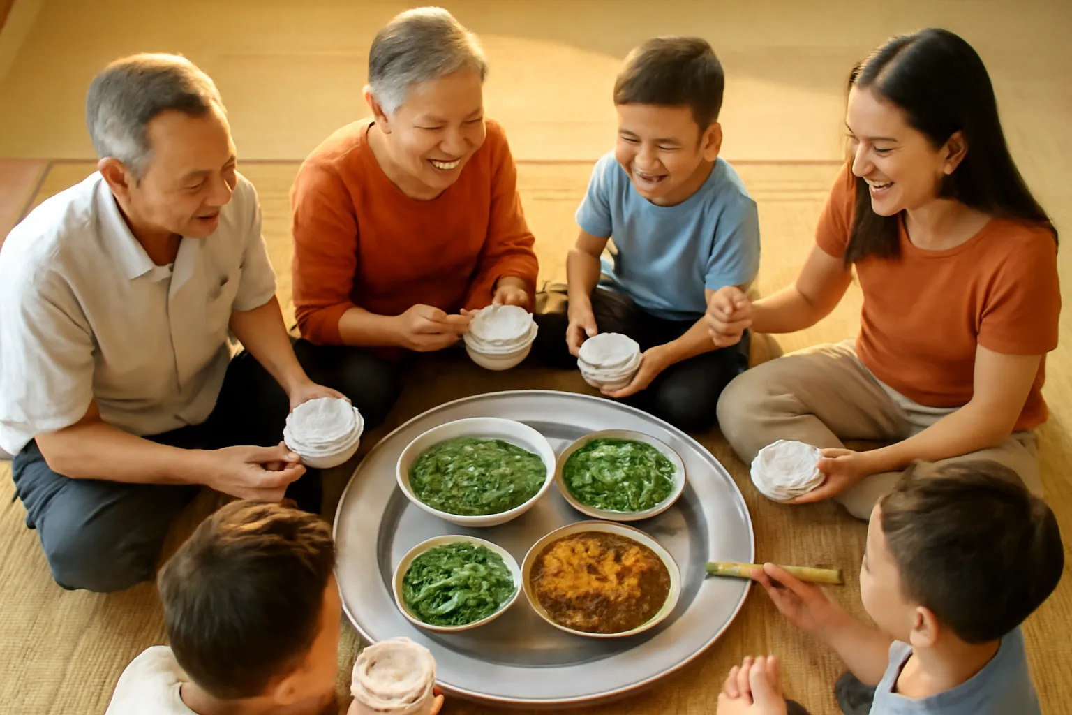 Gia đình ba thế hệ ngồi quanh mâm cơm trên chiếu với canh rau, cá kho và đĩa rau luộc