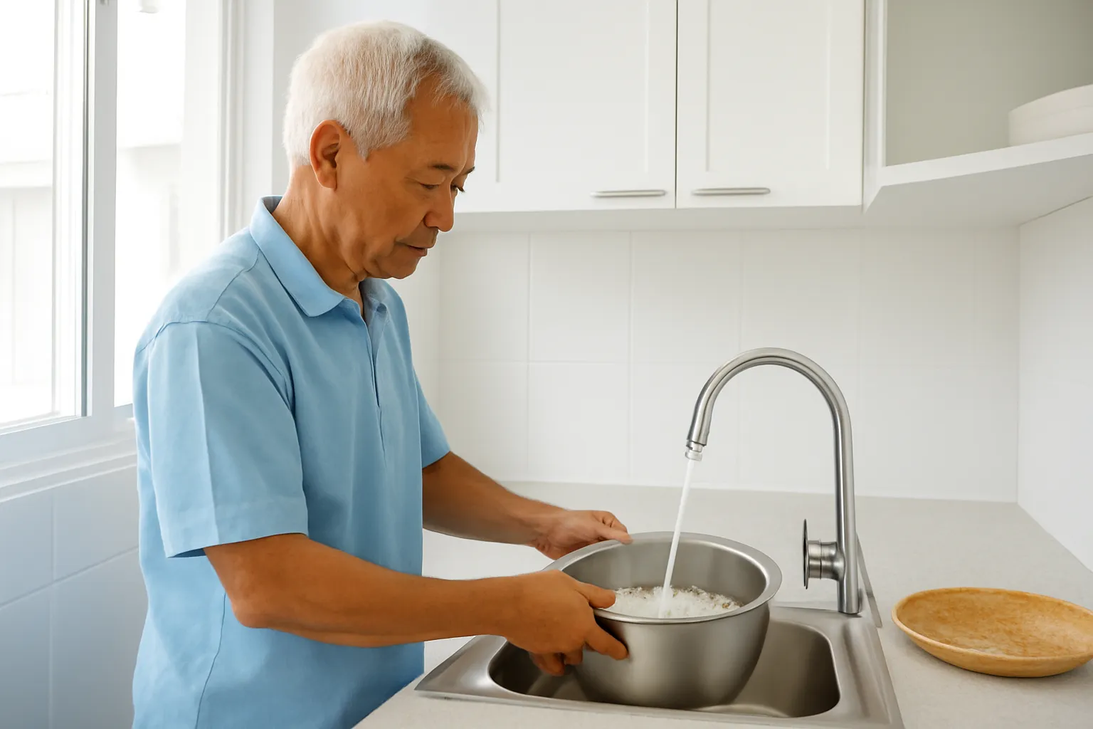 Ông cụ đứng một mình trong bếp vo gạo nấu cơm buổi trưa