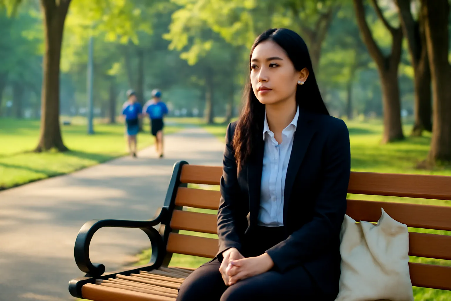 Người phụ nữ ngồi trên ghế đá công viên buổi sáng, túi xách bên cạnh