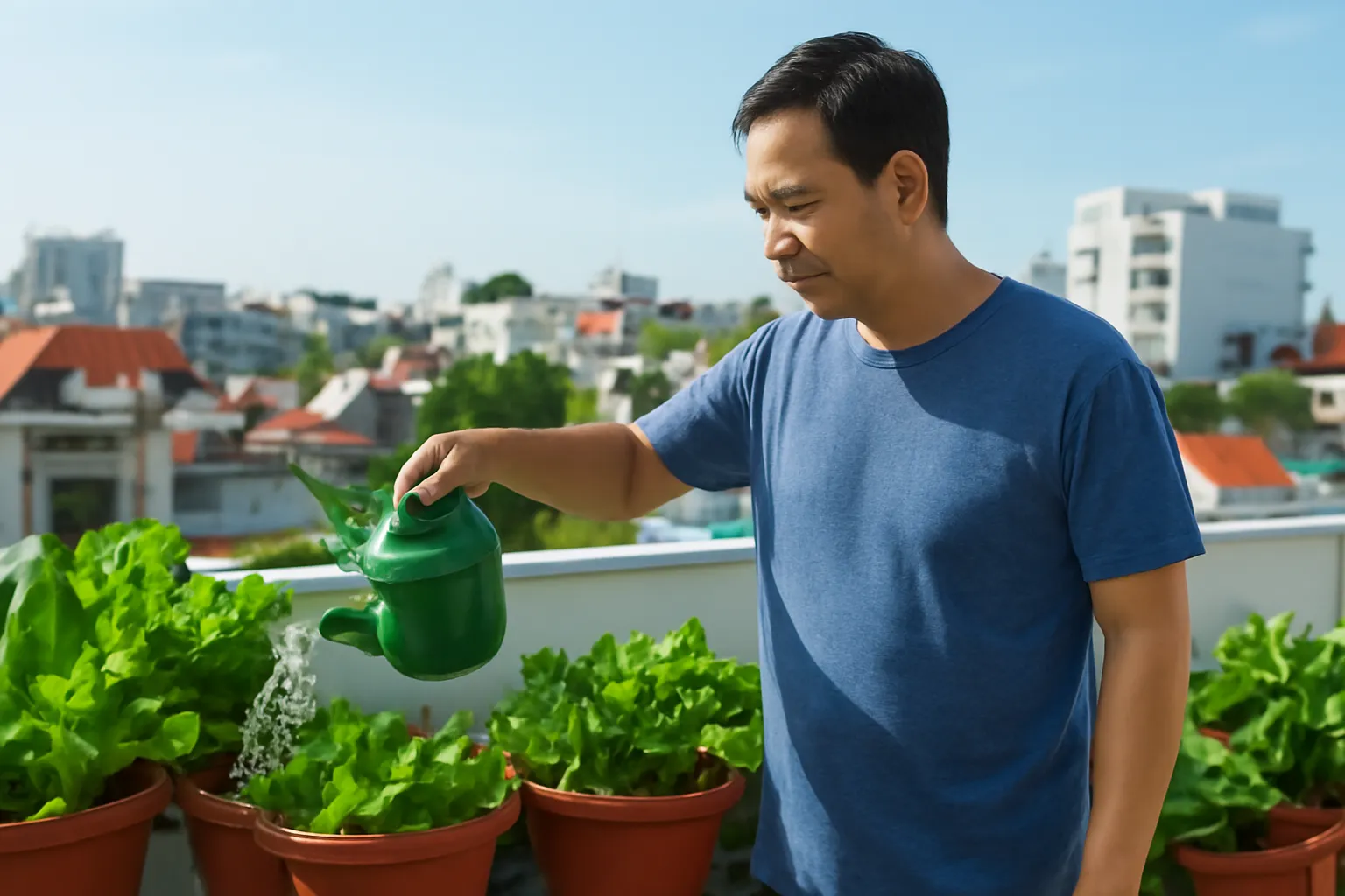 Người đàn ông ngoài bốn mươi tưới cây trên sân thượng nhà vào buổi sáng