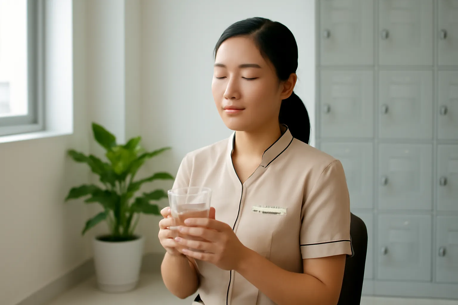 Nữ lễ tân khách sạn ngồi nghỉ trong phòng nhân viên, uống cốc nước