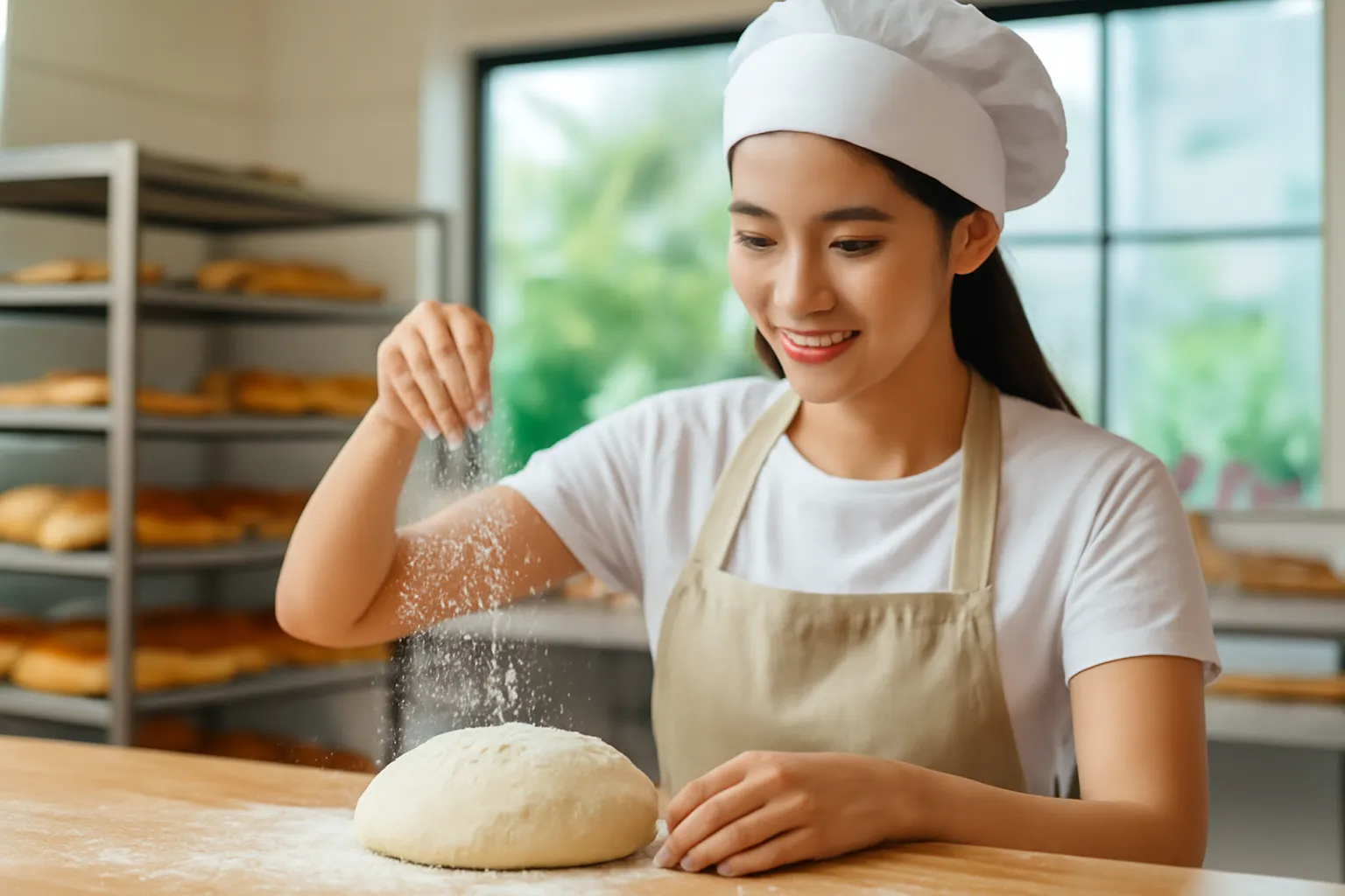 Cô thợ làm bánh trẻ rắc bột lên khối bột trong tiệm bánh nhỏ
