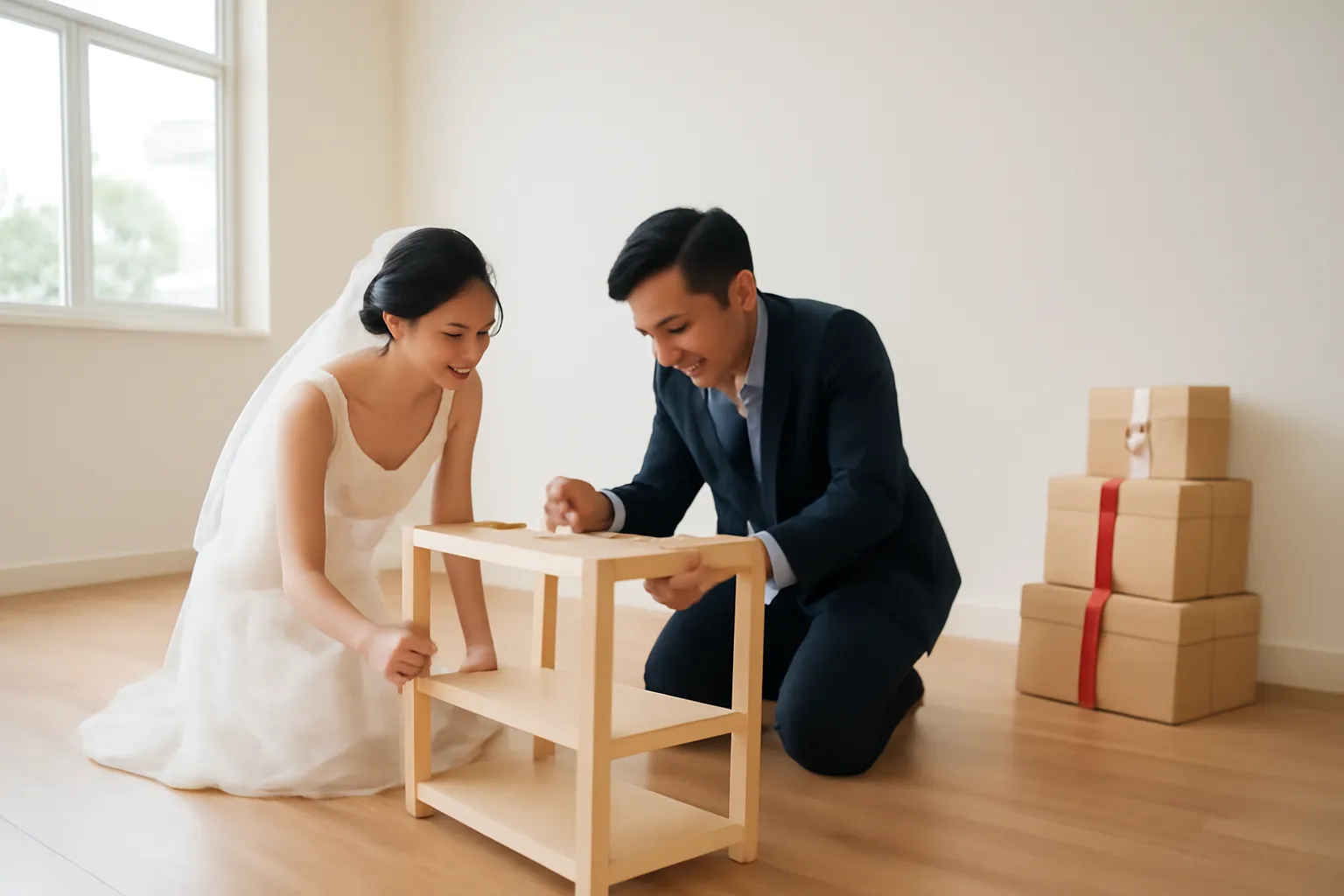 Đôi vợ chồng trẻ lắp chiếc kệ nhỏ trong căn hộ mới