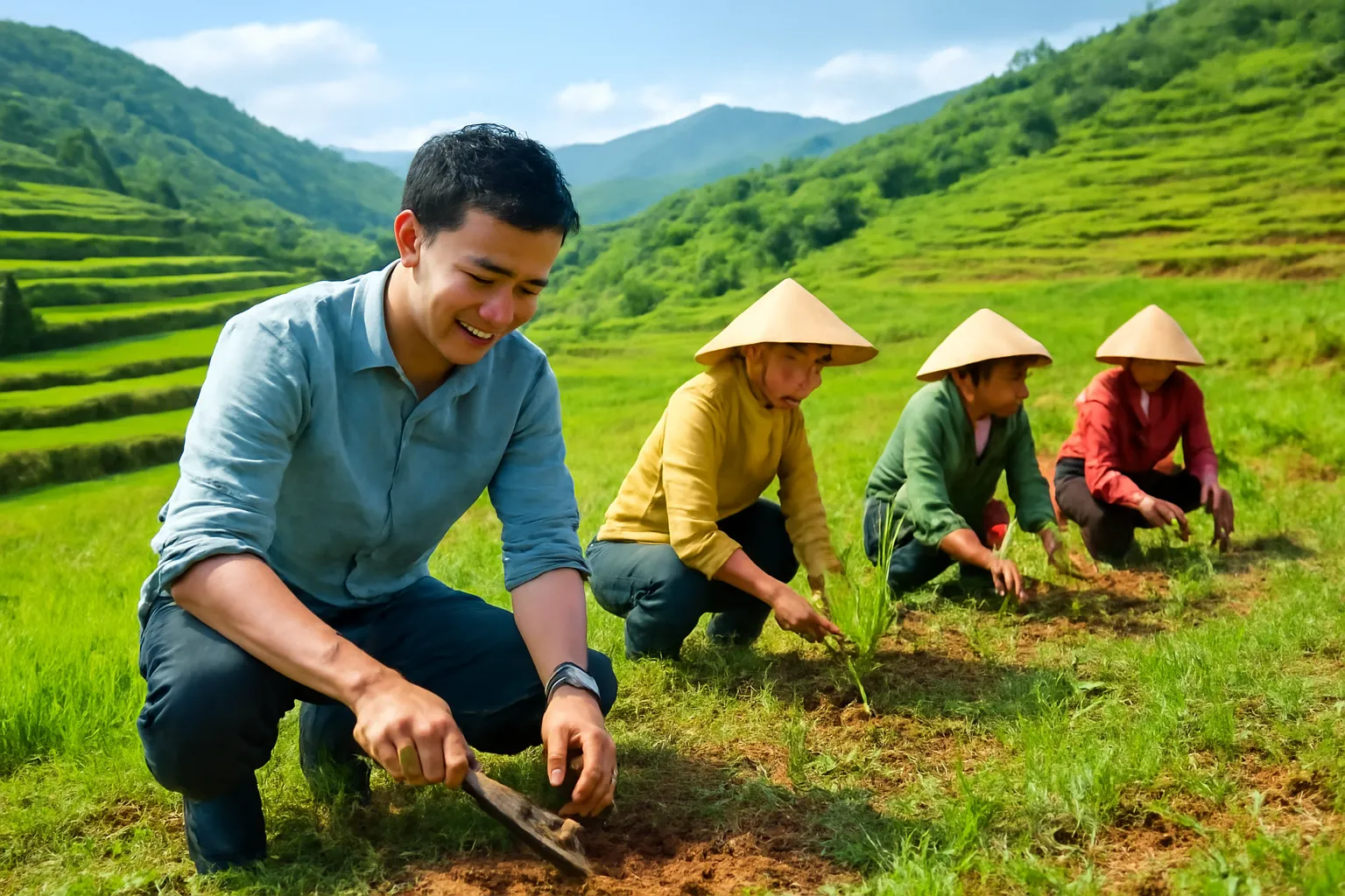 Chàng trai trẻ cùng người dân trồng cây non trên sườn đồi