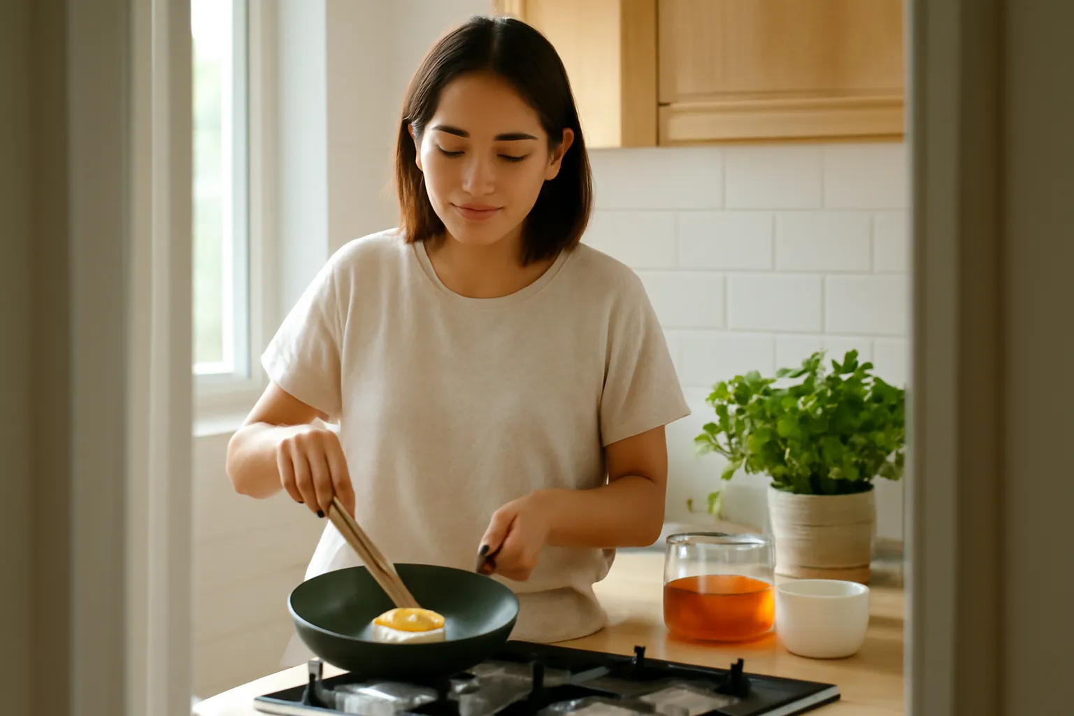 Người phụ nữ thong thả nấu bữa sáng trong căn bếp ngập nắng ngày chủ nhật