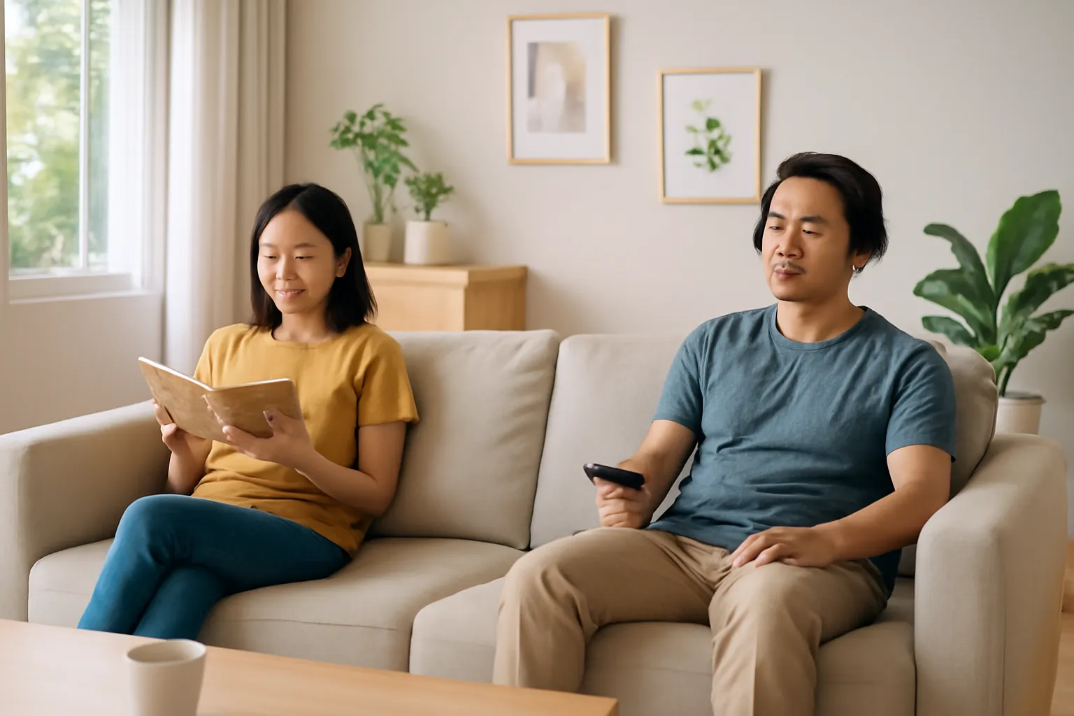 Cặp vợ chồng trong phòng khách, vợ đọc sách, chồng xem tivi đeo tai nghe