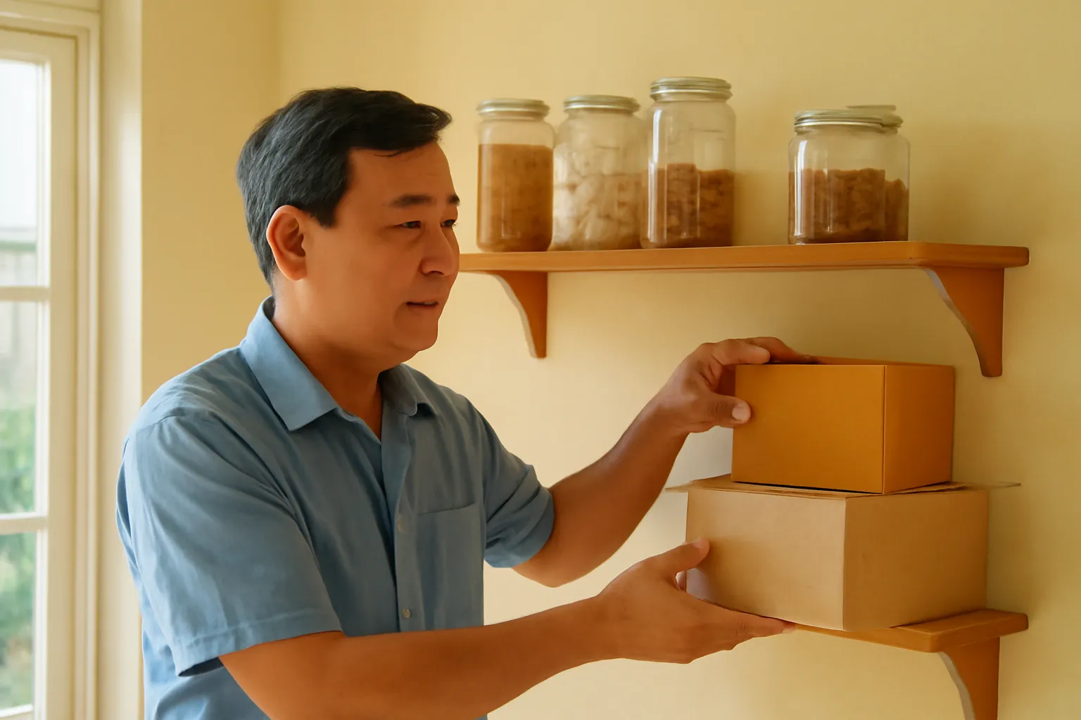 Người đàn ông trung niên sắp xếp một tầng kệ gỗ trong nhà