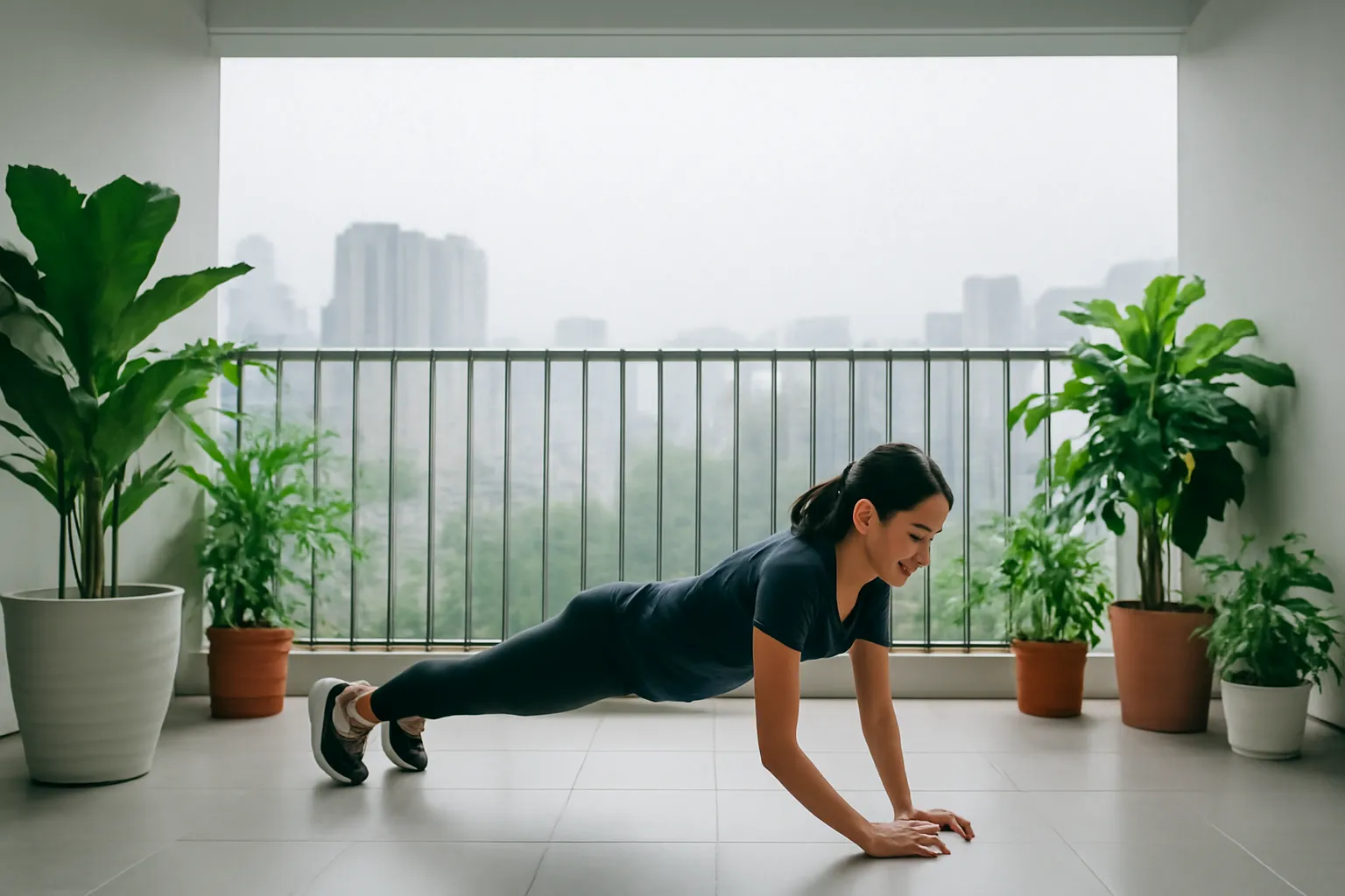 Người phụ nữ tập thể dục ngoài ban công trong khi trời đang mưa