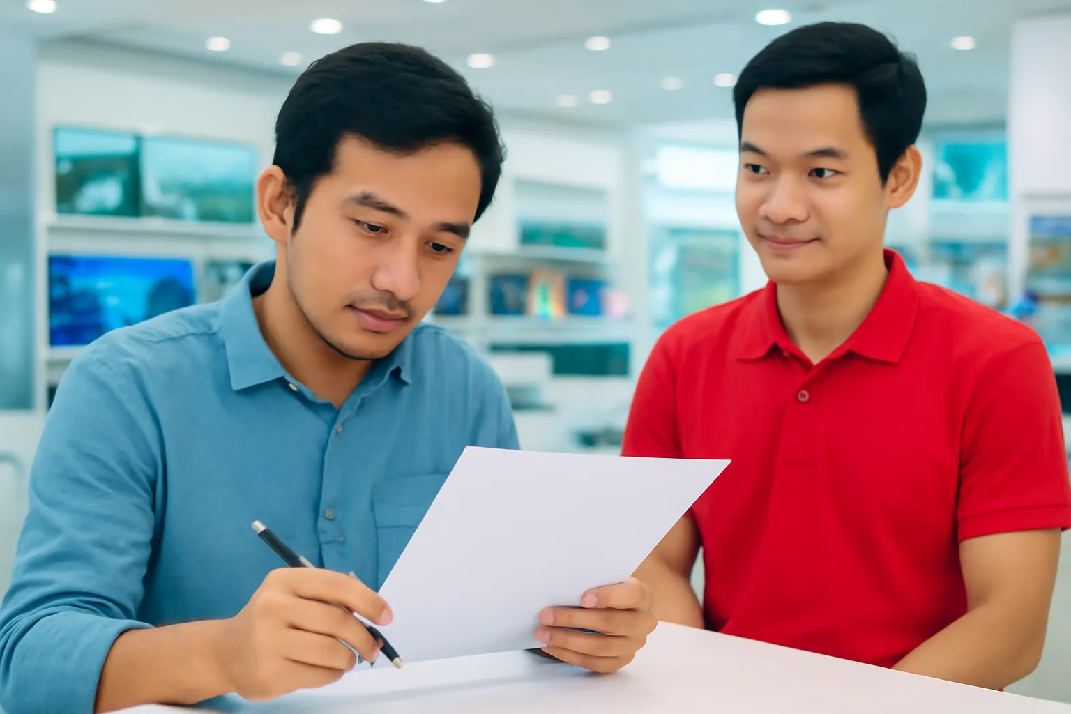 Người đàn ông ngồi đọc kỹ tờ hợp đồng trắng bên quầy cửa hàng điện máy