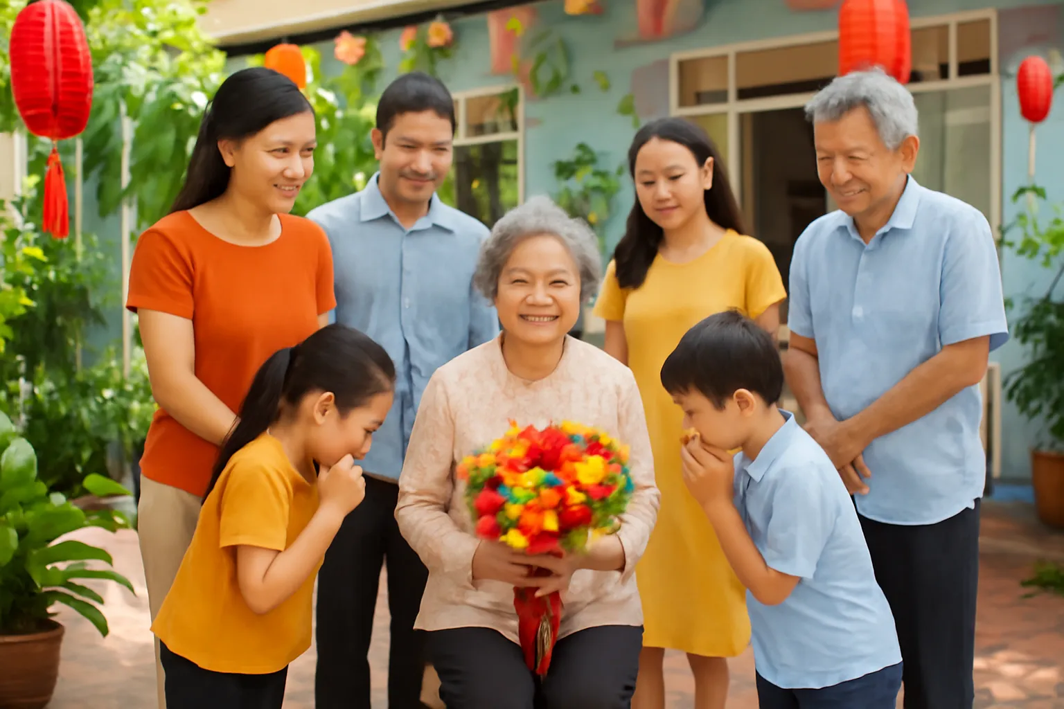 Cả nhà quây quần quanh bà cụ cầm bó hoa trong ngày mừng thọ tại sân nhà