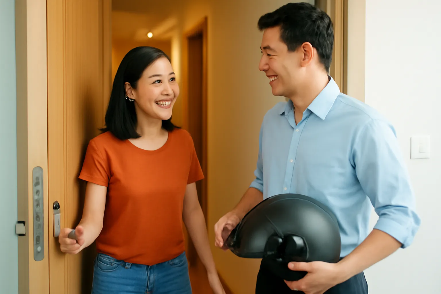 Người vợ mở cửa căn hộ đón chồng đi làm về, cả hai mỉm cười buổi tối