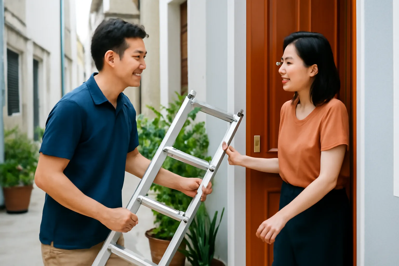 Người hàng xóm mang trả chiếc thang nhôm ở cửa một ngôi nhà phố, hai bên cười chào