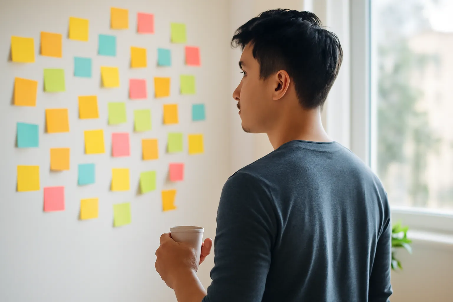 Chàng trai trẻ đứng trước bức tường dán đầy giấy ghi chú, suy nghĩ