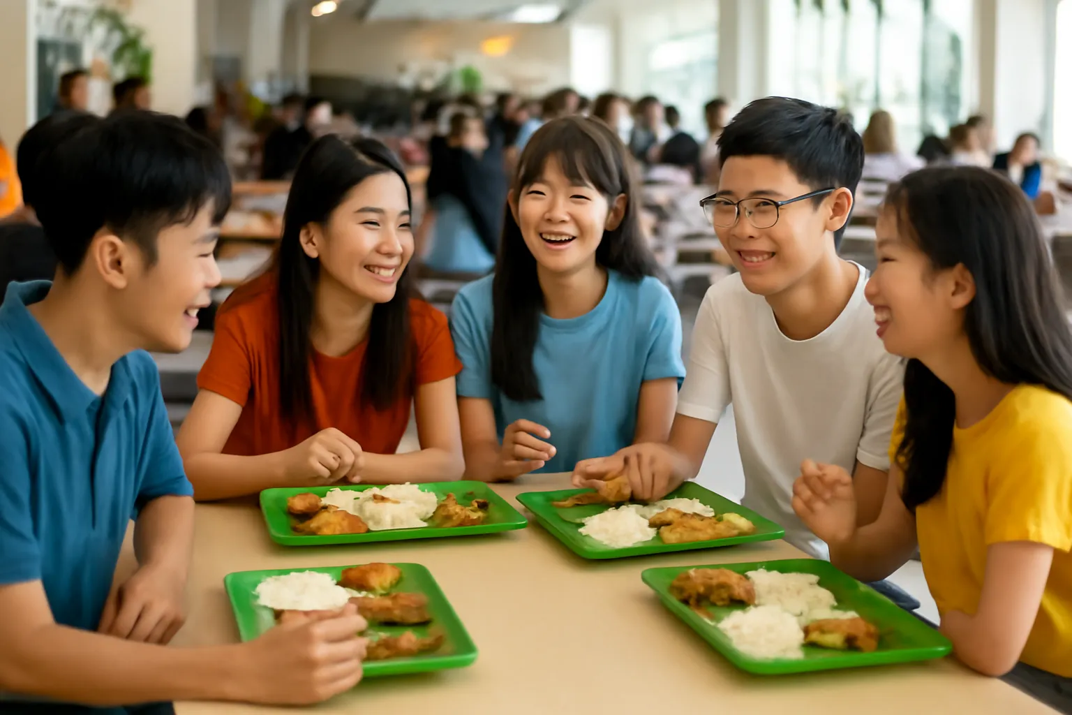 Nhóm sinh viên trò chuyện quanh bàn ăn ở căng tin trường