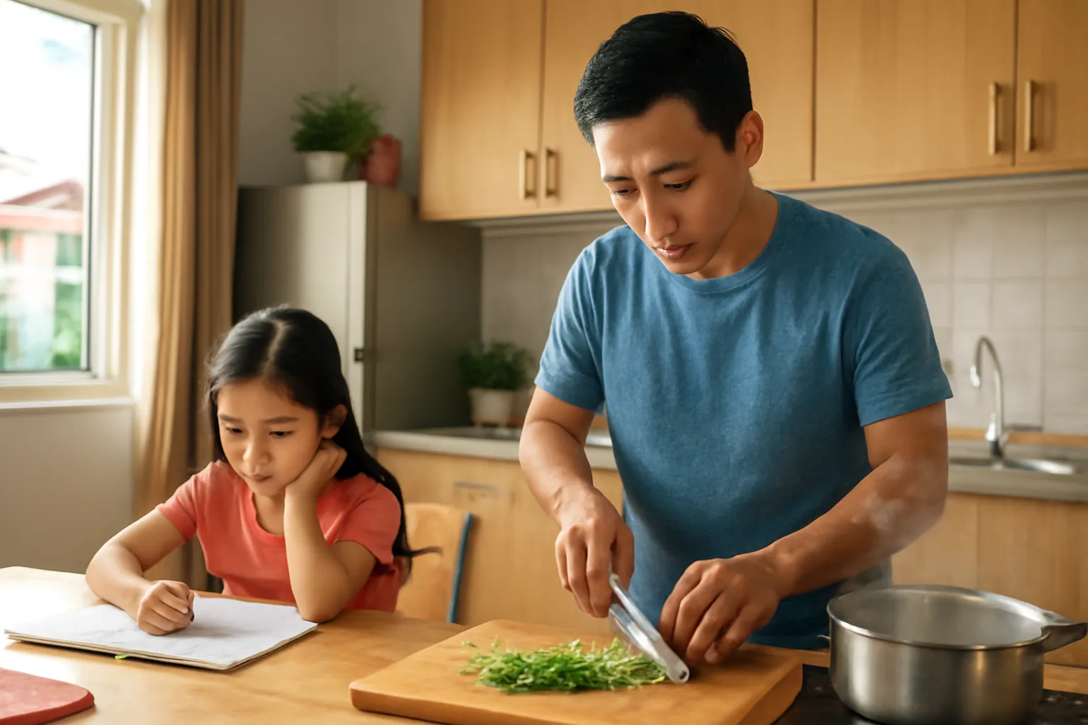 Người đàn ông thái tỏi và rau thơm trong căn bếp nhỏ, con gái ngồi làm bài gần đó
