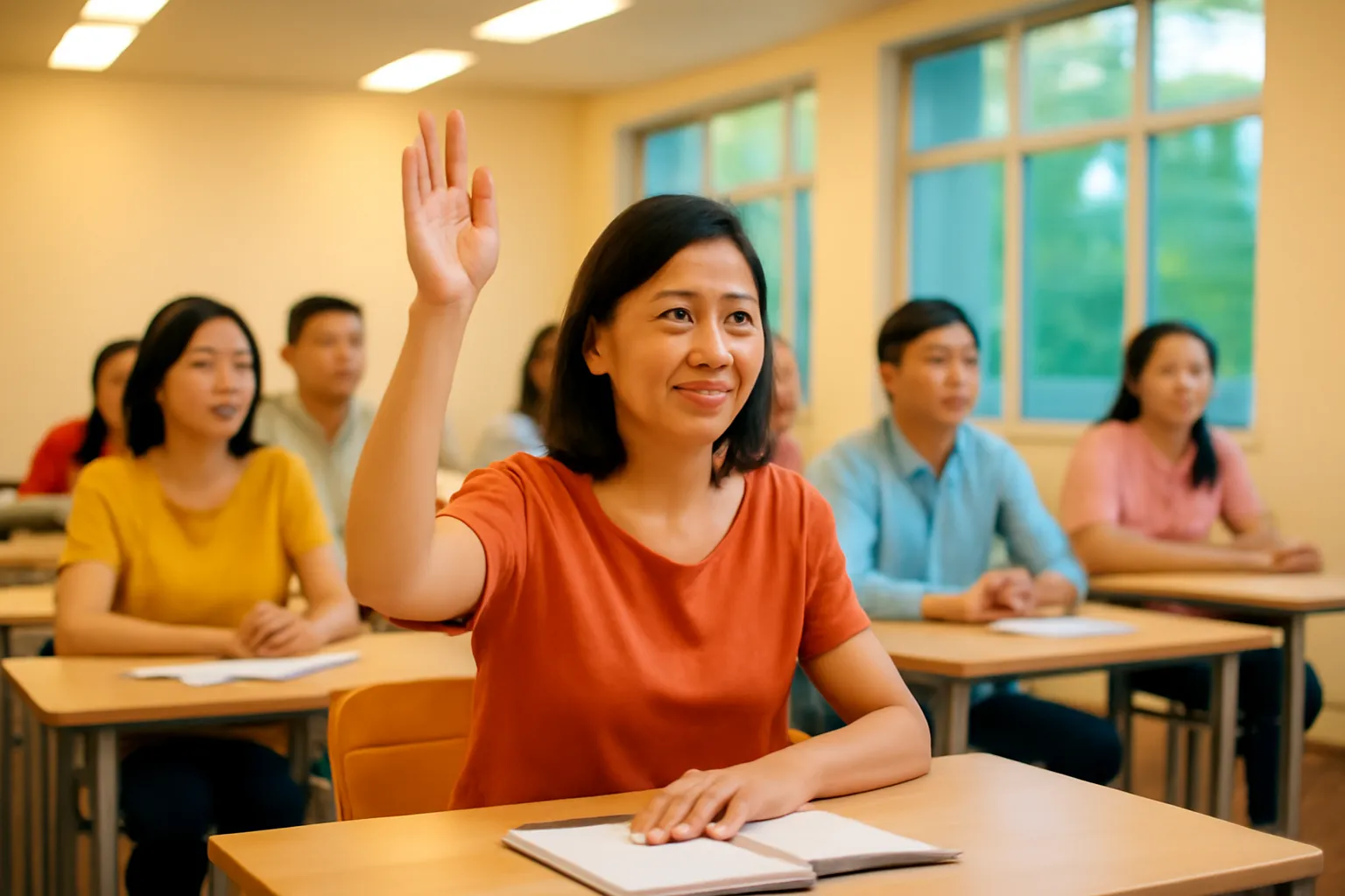 Học viên trung niên giơ tay phát biểu trong lớp học buổi tối