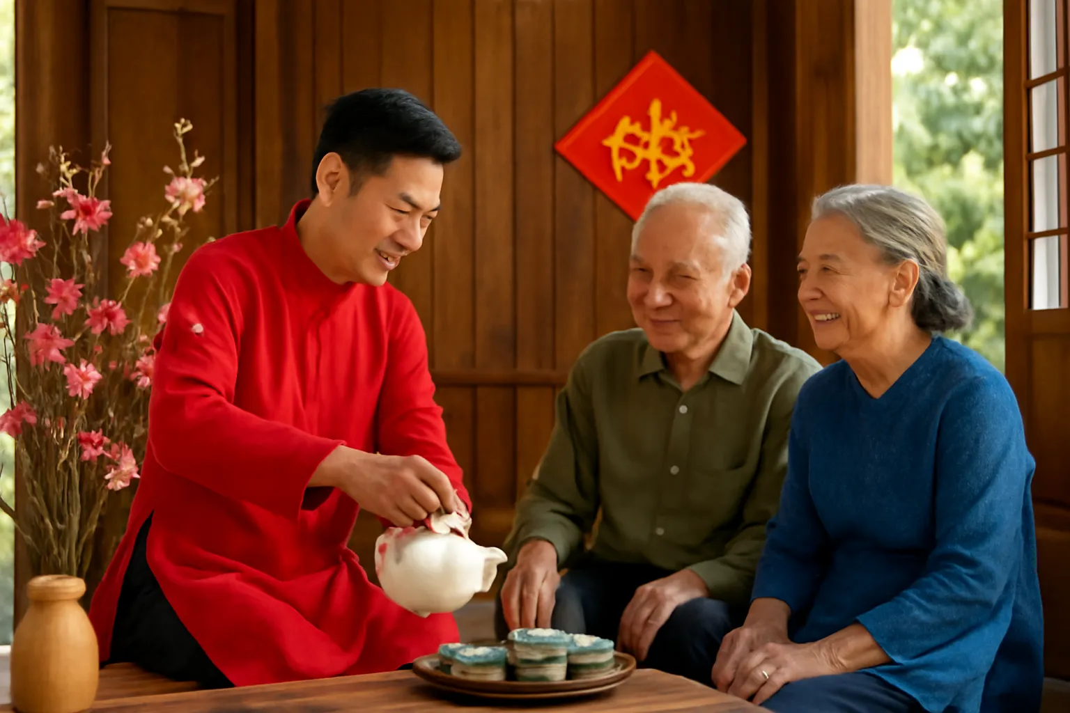 Chàng trai trẻ rót trà mời các bác lớn tuổi ngồi trên phản gỗ