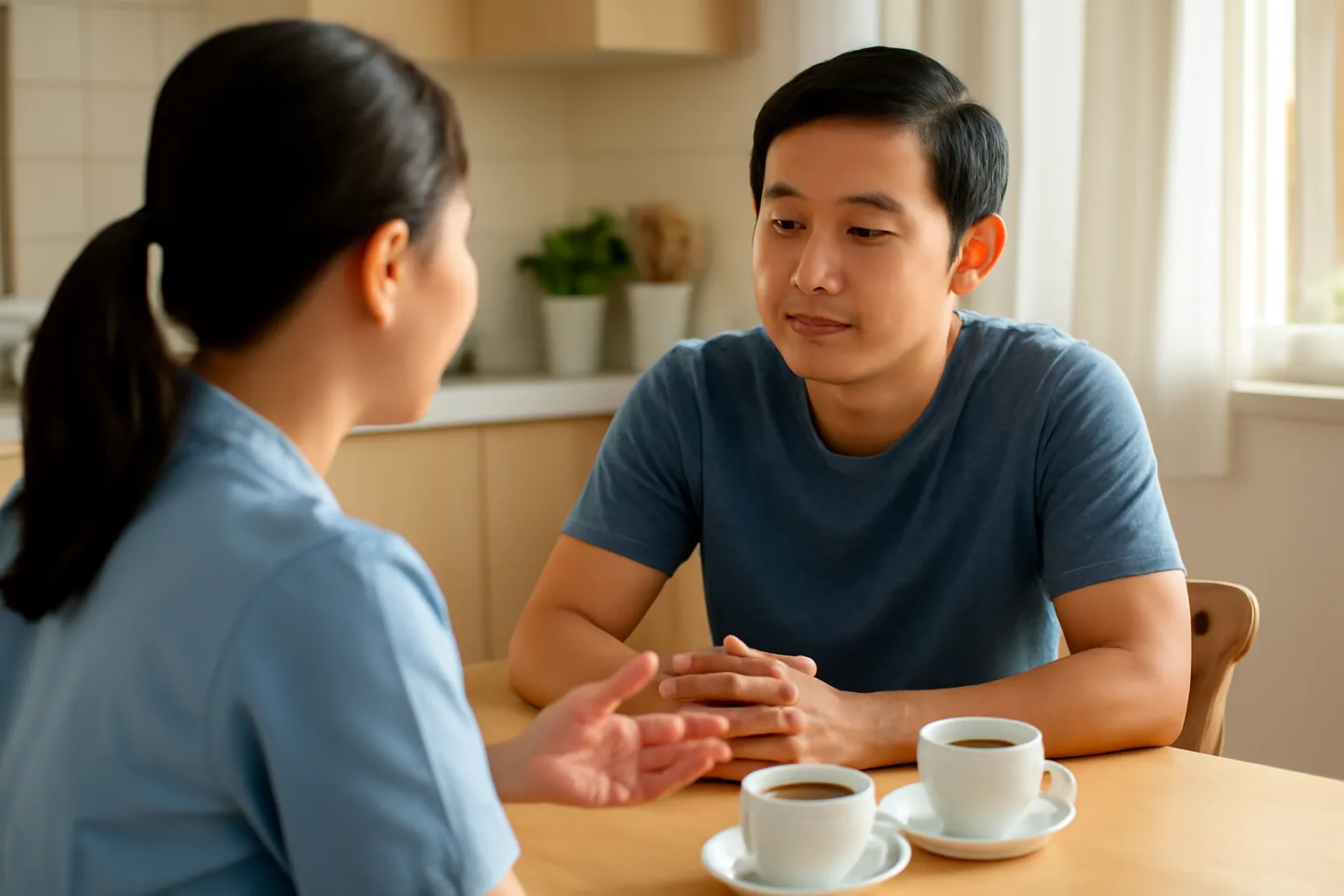 Người chồng ngồi chăm chú lắng nghe vợ kể chuyện bên bàn bếp buổi tối