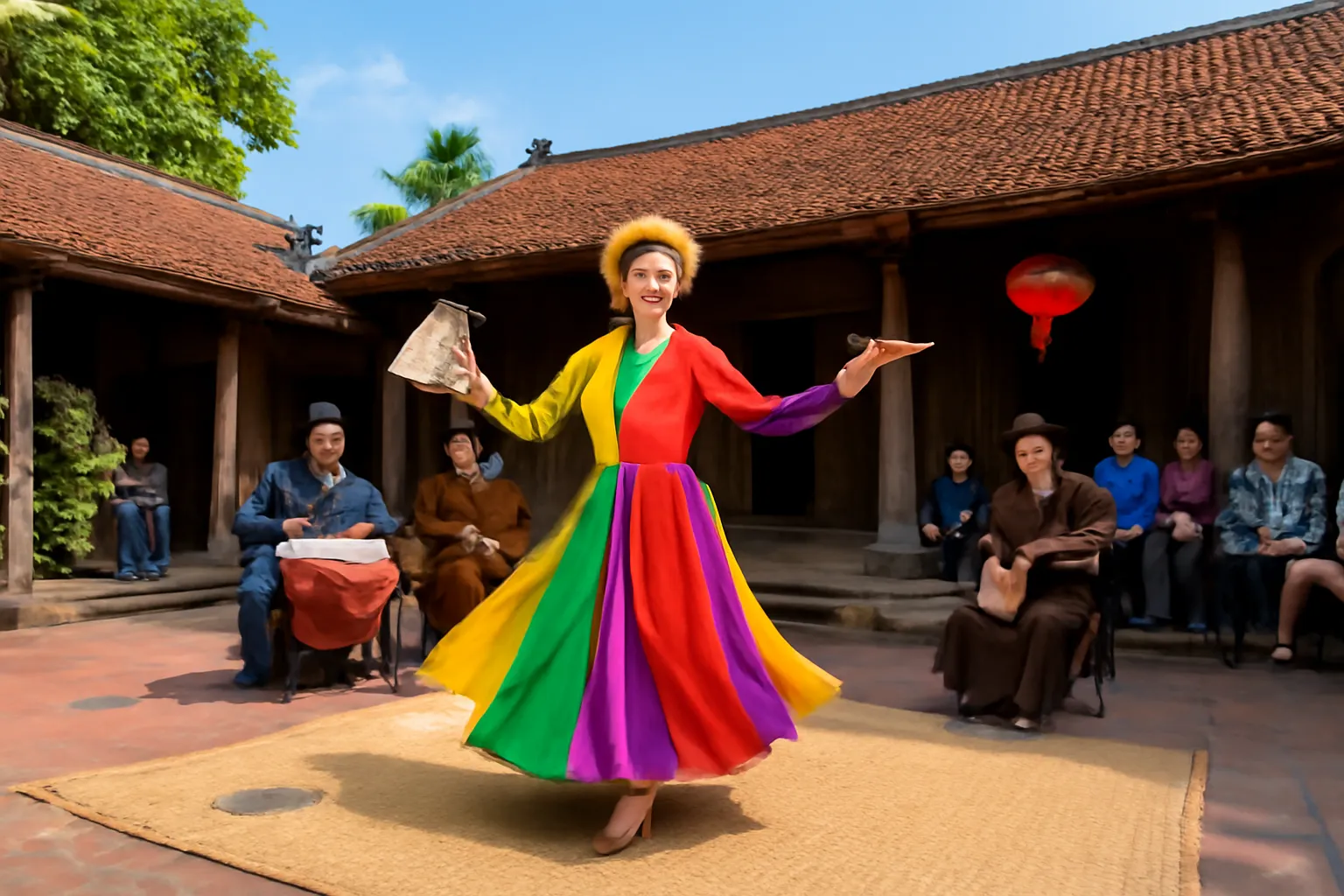 Diễn viên chèo mặc áo tứ thân múa quạt trên chiếu trải giữa sân đình