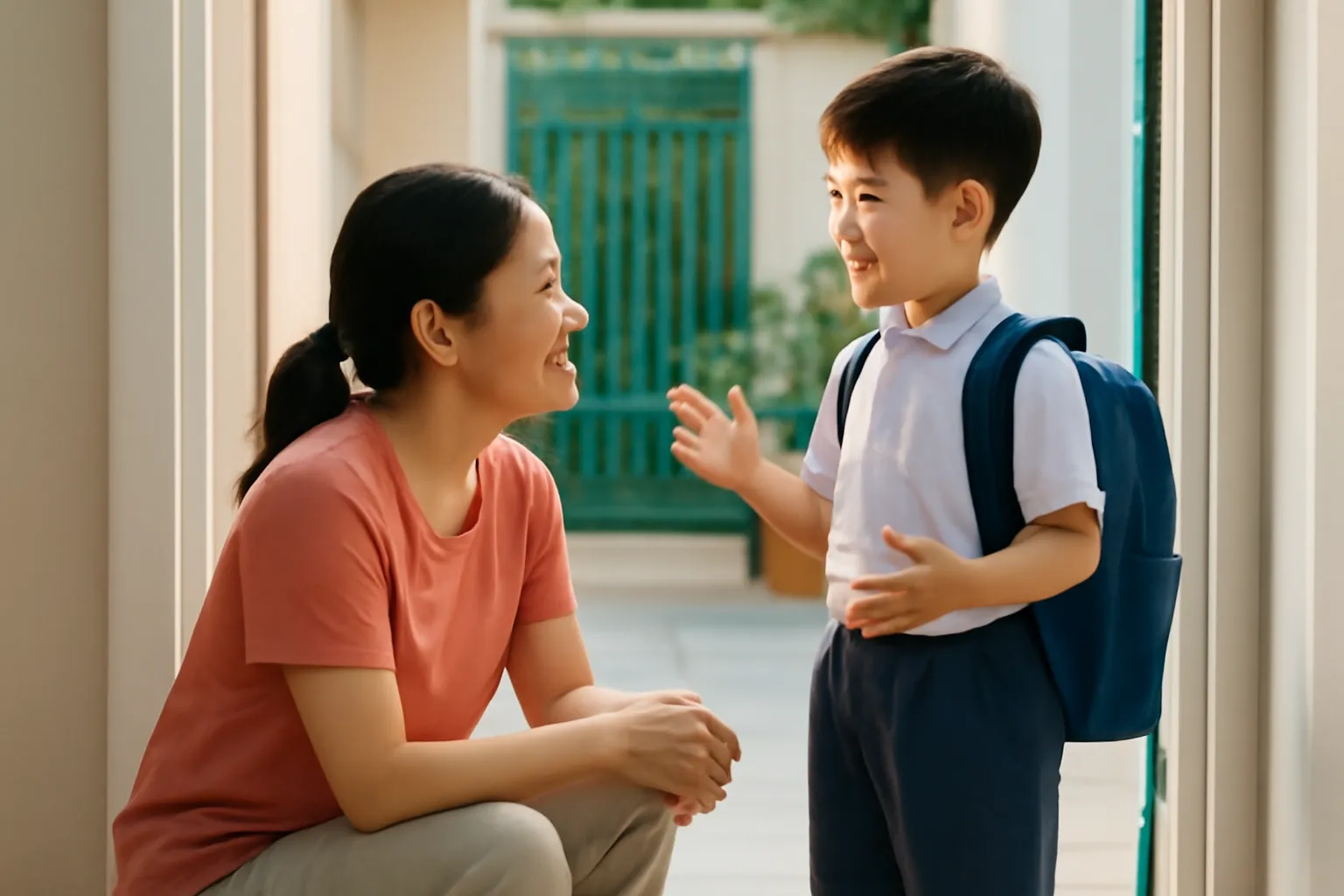 Người mẹ quỳ xuống ngang tầm mắt nghe cậu con trai đeo cặp kể chuyện ở cửa