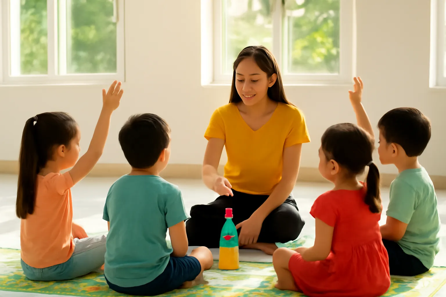 Cô gái trẻ dạy một nhóm trẻ nhỏ trong phòng sinh hoạt cộng đồng