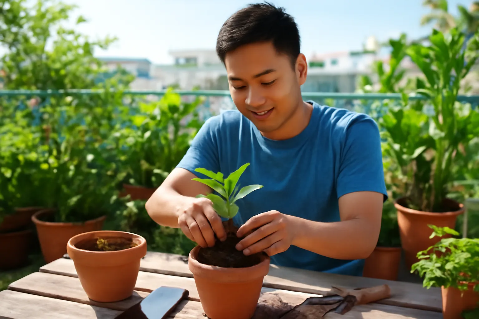 Chàng trai thay chậu cây trên sân thượng, điện thoại úp bên cạnh
