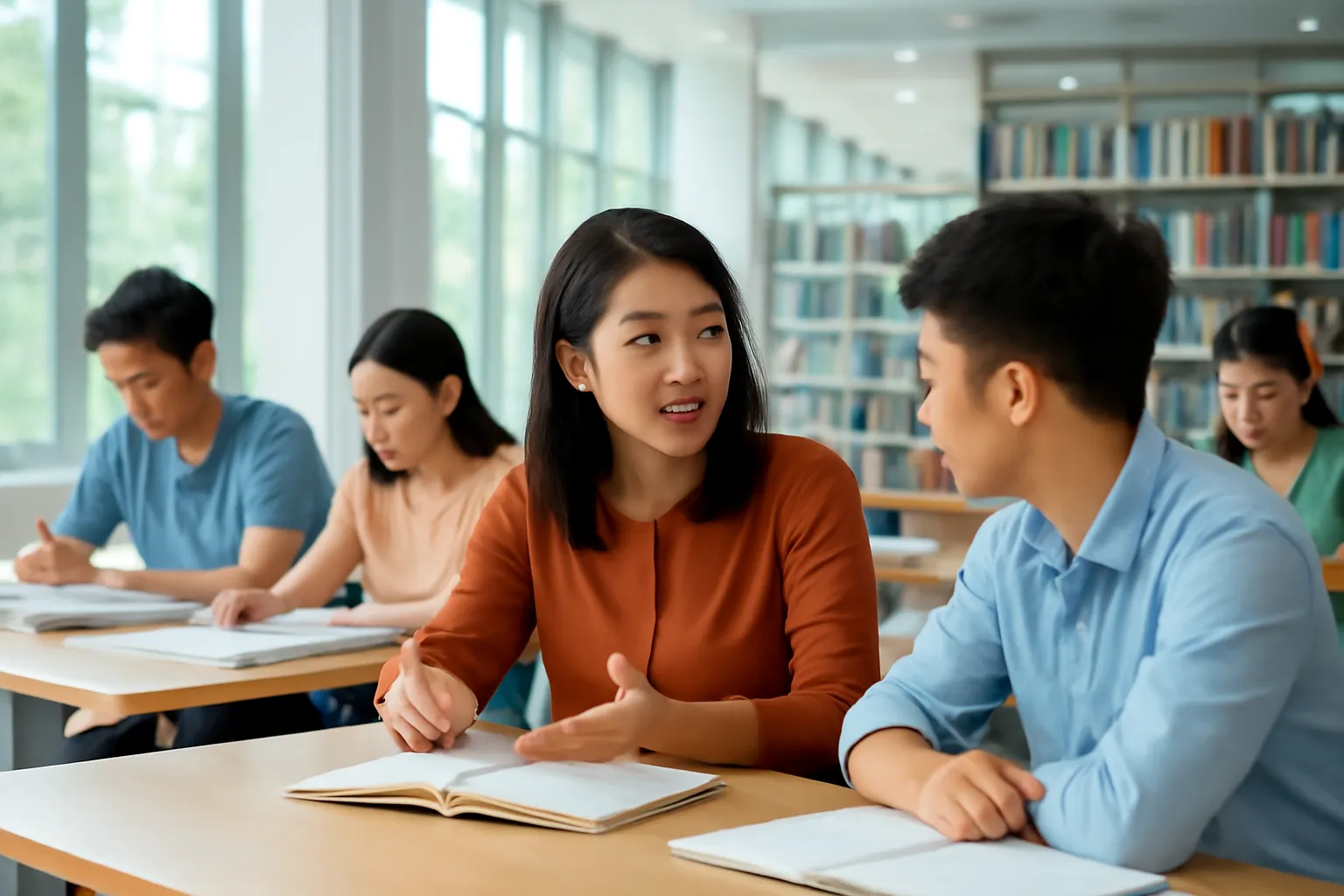 Học viên lớn tuổi ngồi cùng các bạn trẻ trong thư viện