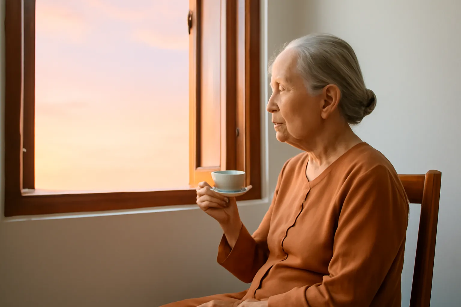 Bà cụ ngồi bên cửa sổ lúc trời vừa hửng sáng với chén trà nóng