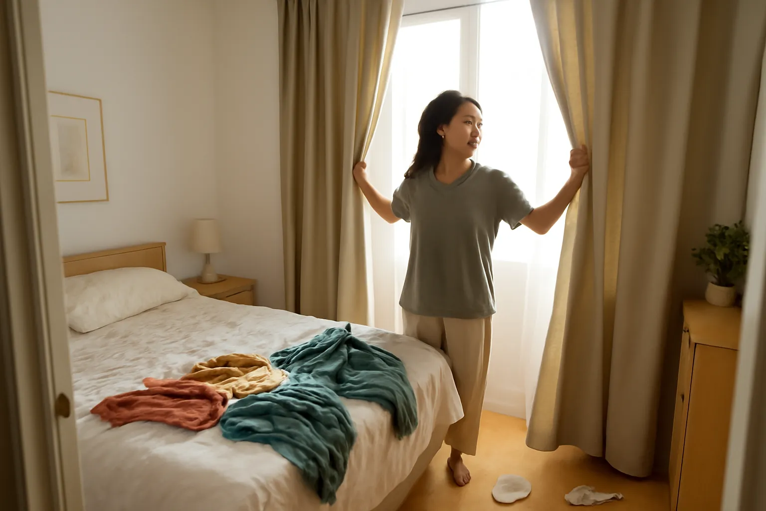 Cô gái kéo rèm cửa sổ trong căn phòng còn bừa bộn