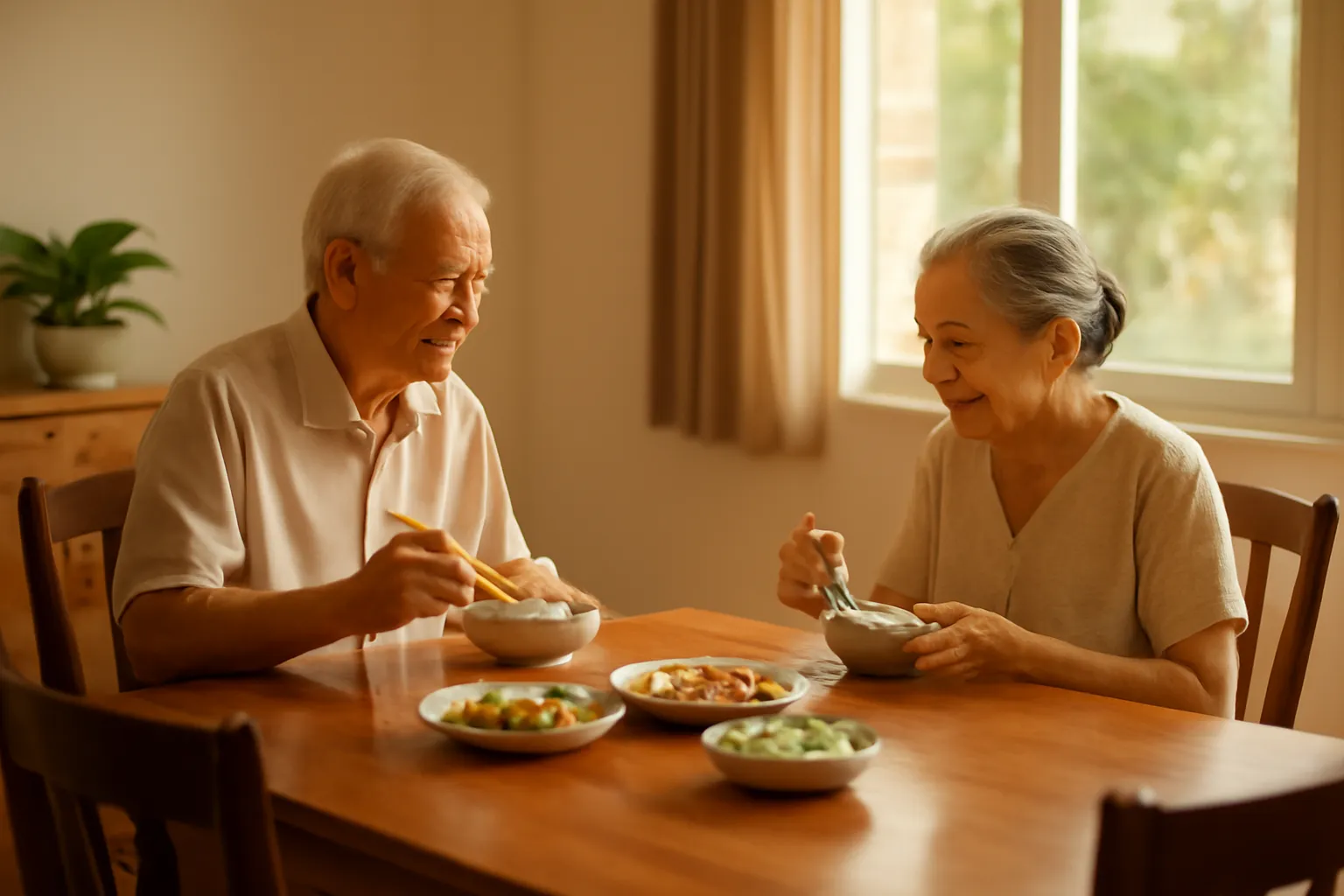 Hai ông bà ngồi ăn cơm với hai cái bát trên chiếc bàn lớn trong nhà