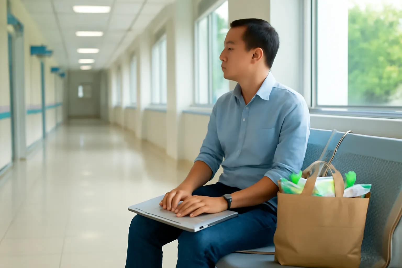 Người đàn ông ngồi ở hành lang bệnh viện cạnh túi đồ, nhìn ra cửa sổ