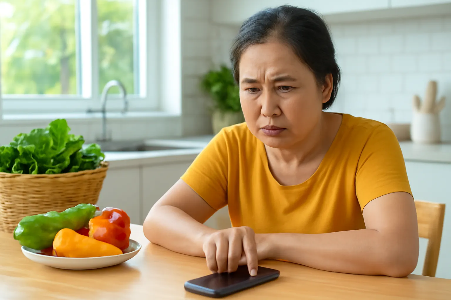 Người phụ nữ trung niên đặt điện thoại xuống bàn, cau mày suy nghĩ trong căn bếp