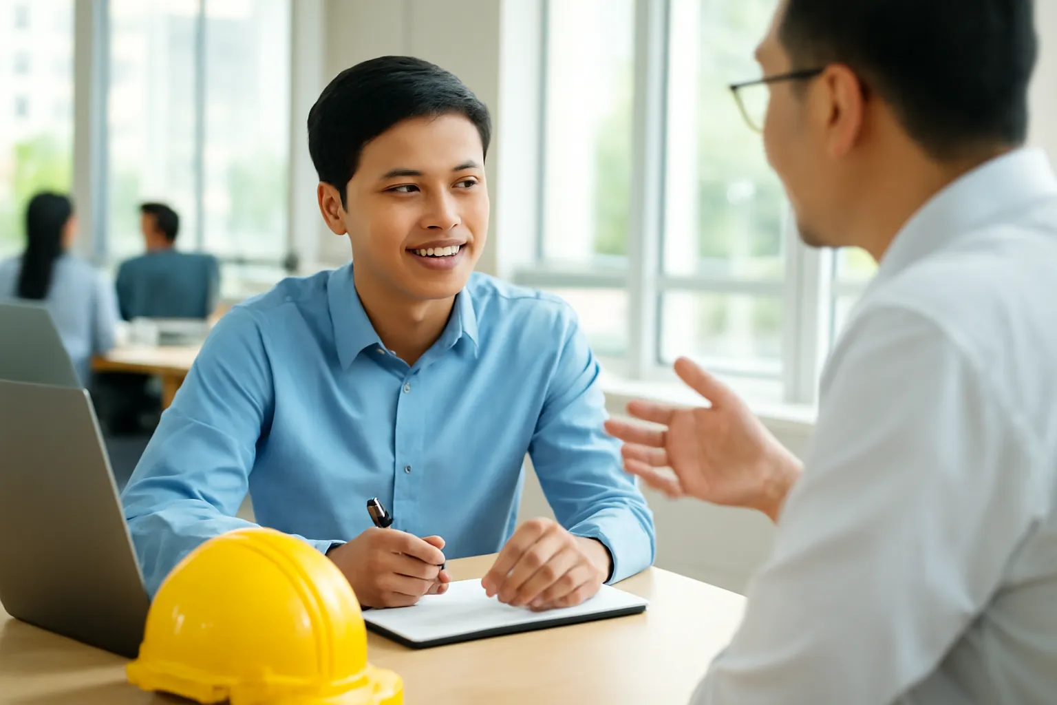 Anh kỹ sư trẻ ngồi nghe trưởng nhóm góp ý bên bàn làm việc, gật đầu ghi chép