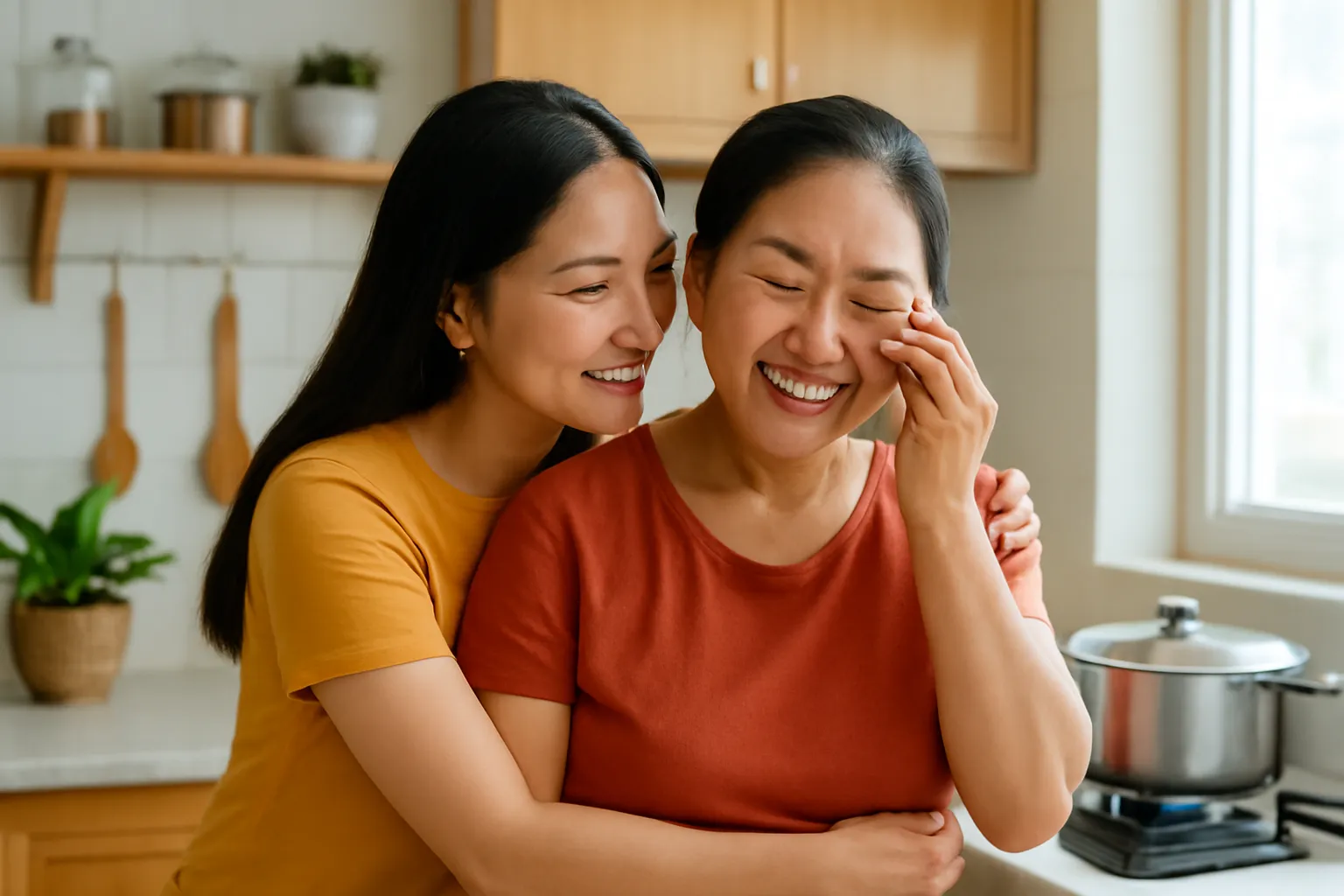 Cô con gái trưởng thành ôm mẹ trong căn bếp nhỏ