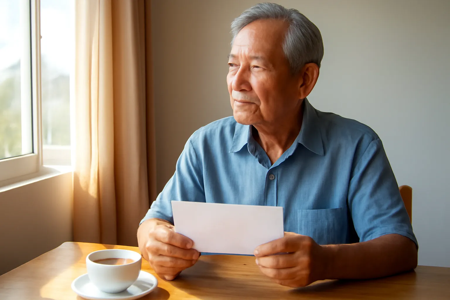 Ông cụ ngồi bên bàn gỗ cầm phong bì, nhìn ra cửa sổ suy nghĩ