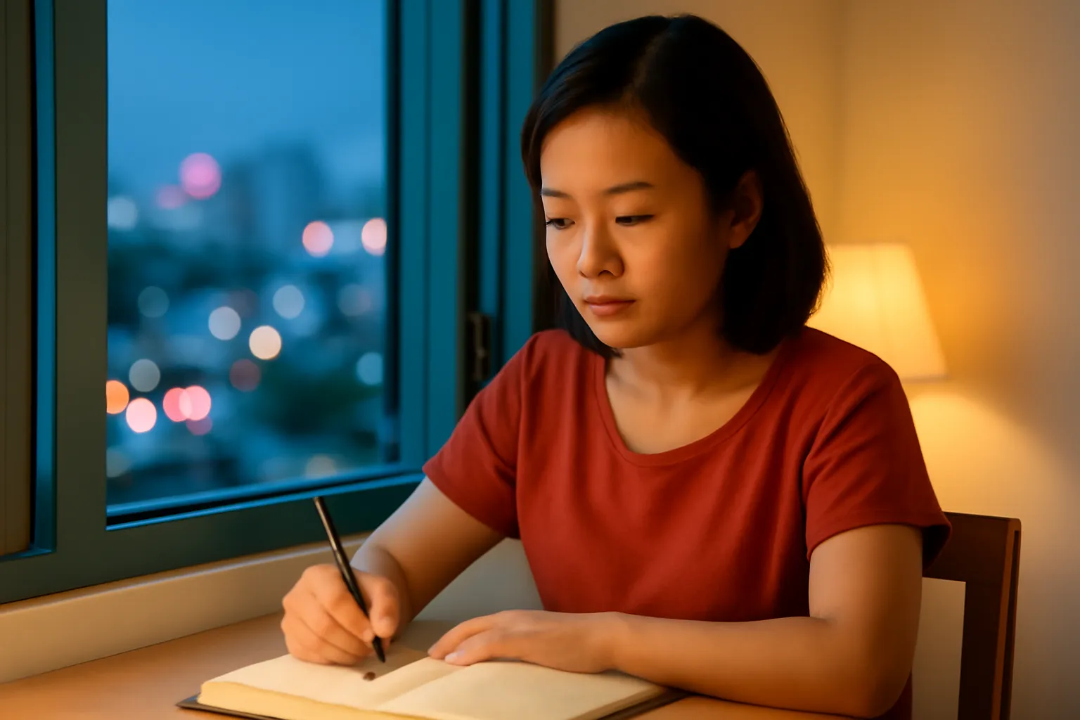 Người phụ nữ ngồi viết nhật ký bên cửa sổ buổi tối