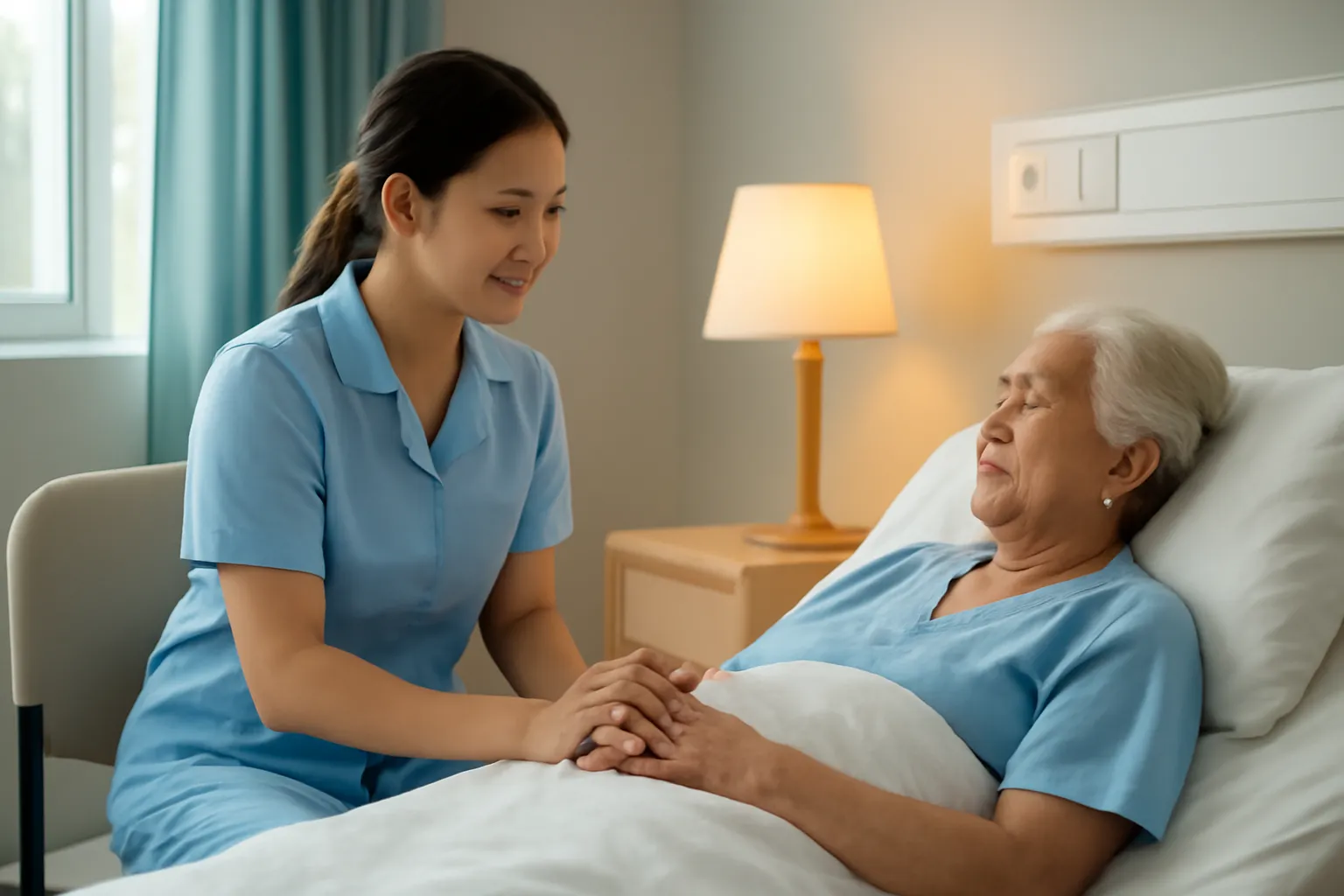 Cô điều dưỡng trẻ ngồi cạnh giường bà cụ dưới ánh đèn ngủ