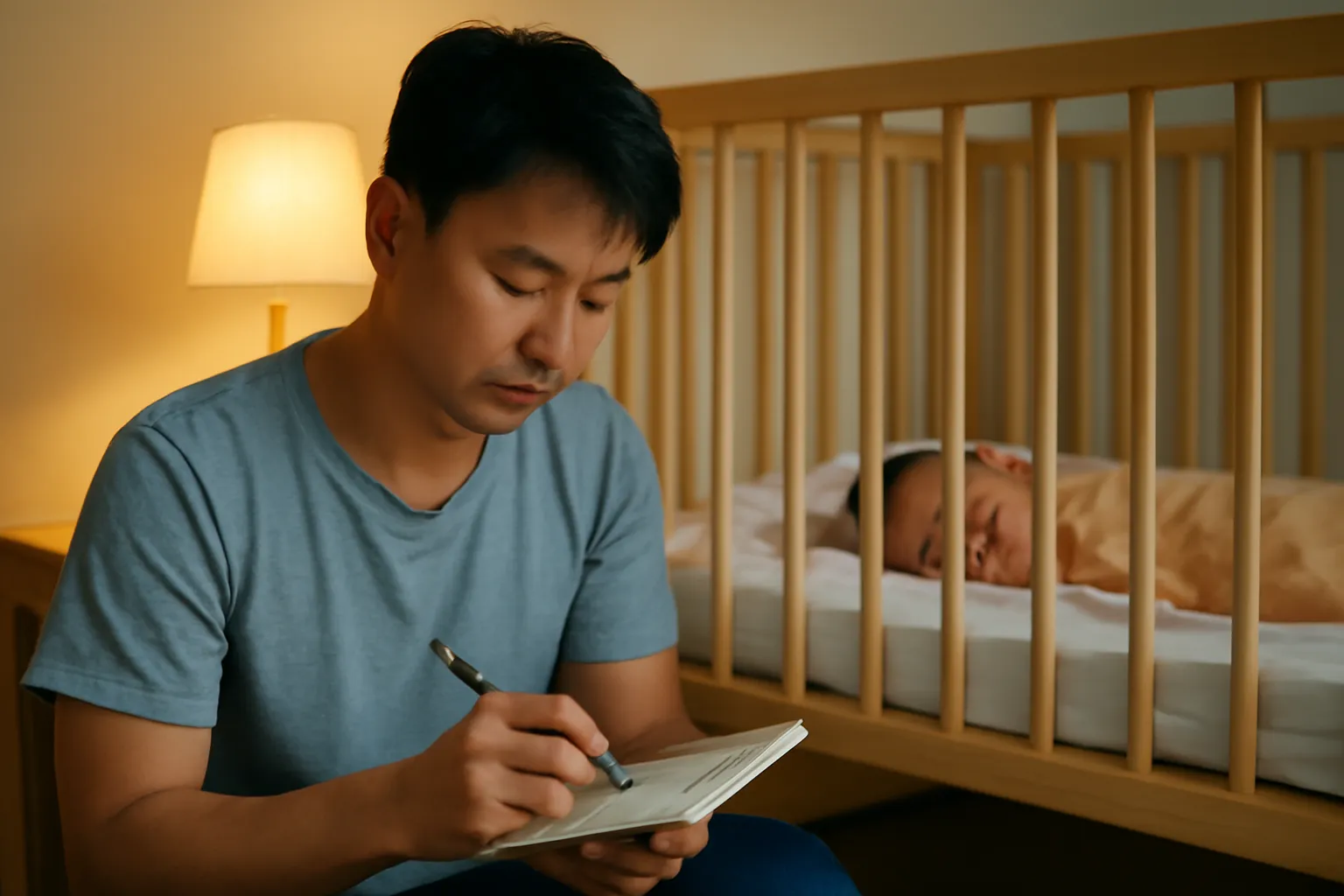 Người bố trẻ ngồi viết bên nôi em bé lúc đêm khuya
