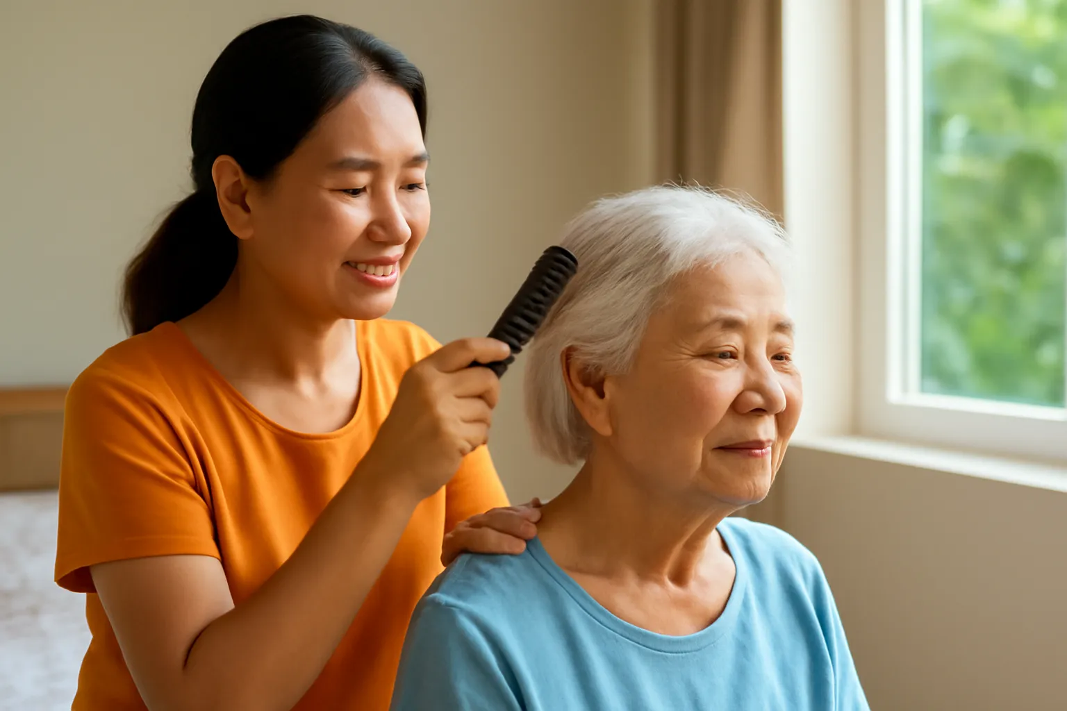 Người con gái chải tóc cho mẹ già ngồi bên cửa sổ trong buổi sáng