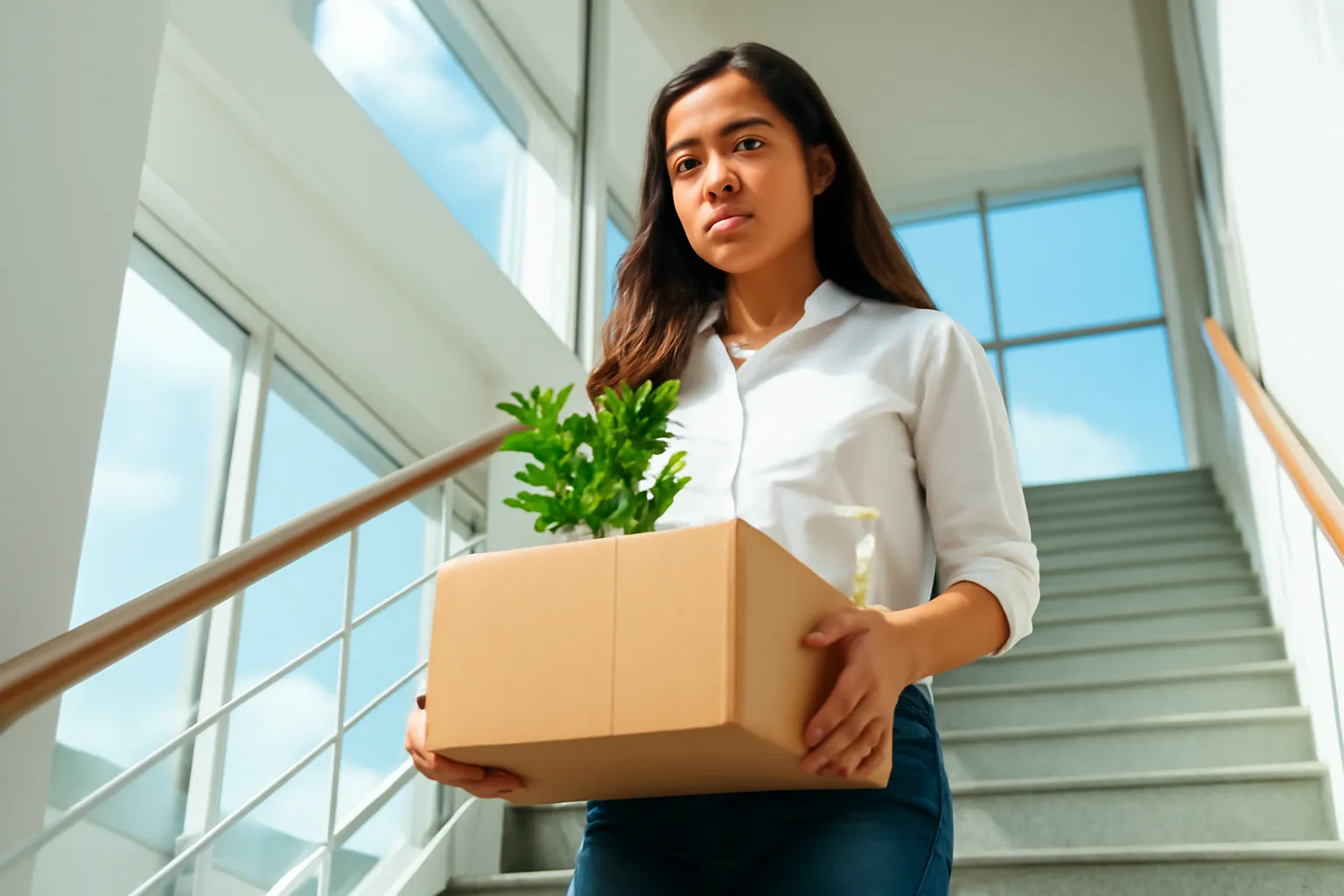 Cô gái trẻ ôm thùng giấy đựng đồ đi xuống cầu thang văn phòng