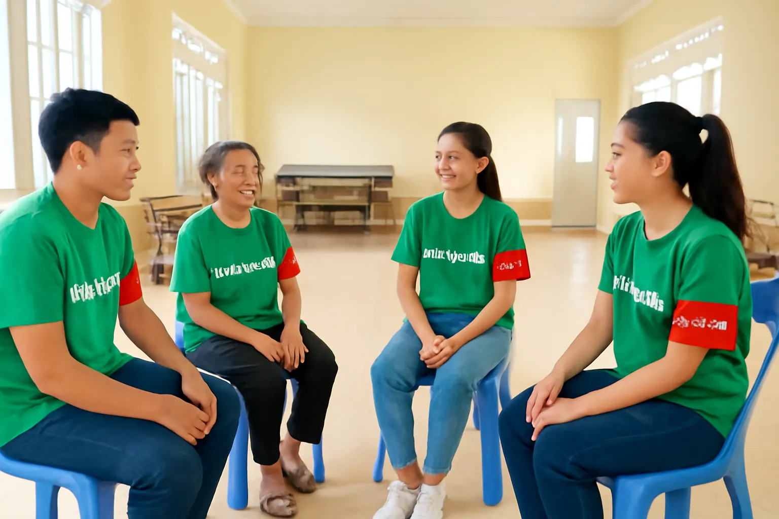 Nhóm người ngồi thành vòng tròn trò chuyện sau khi dọn dẹp sự kiện