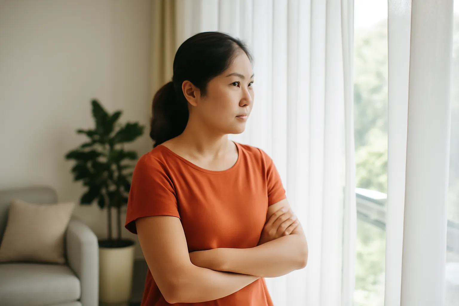 Người phụ nữ đứng quay lưng bên cửa sổ, nhìn ra ngoài, dáng trầm ngâm
