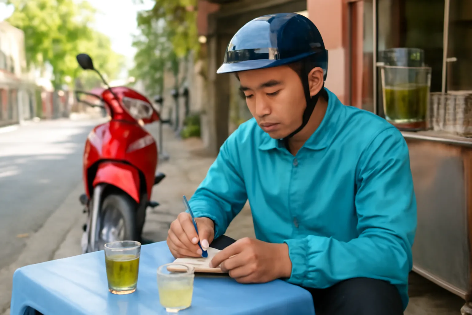 Người đàn ông viết vào cuốn sổ nhỏ bên bàn nhựa quán nước vỉa hè