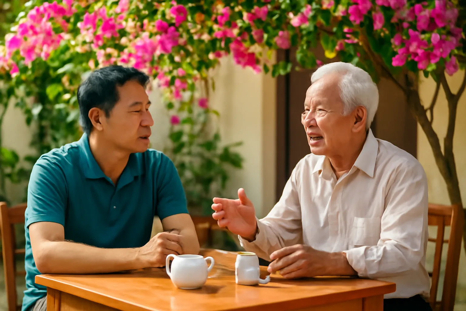 Người con trung niên ngồi nghe bố già kể chuyện bên bàn trà dưới giàn hoa giấy