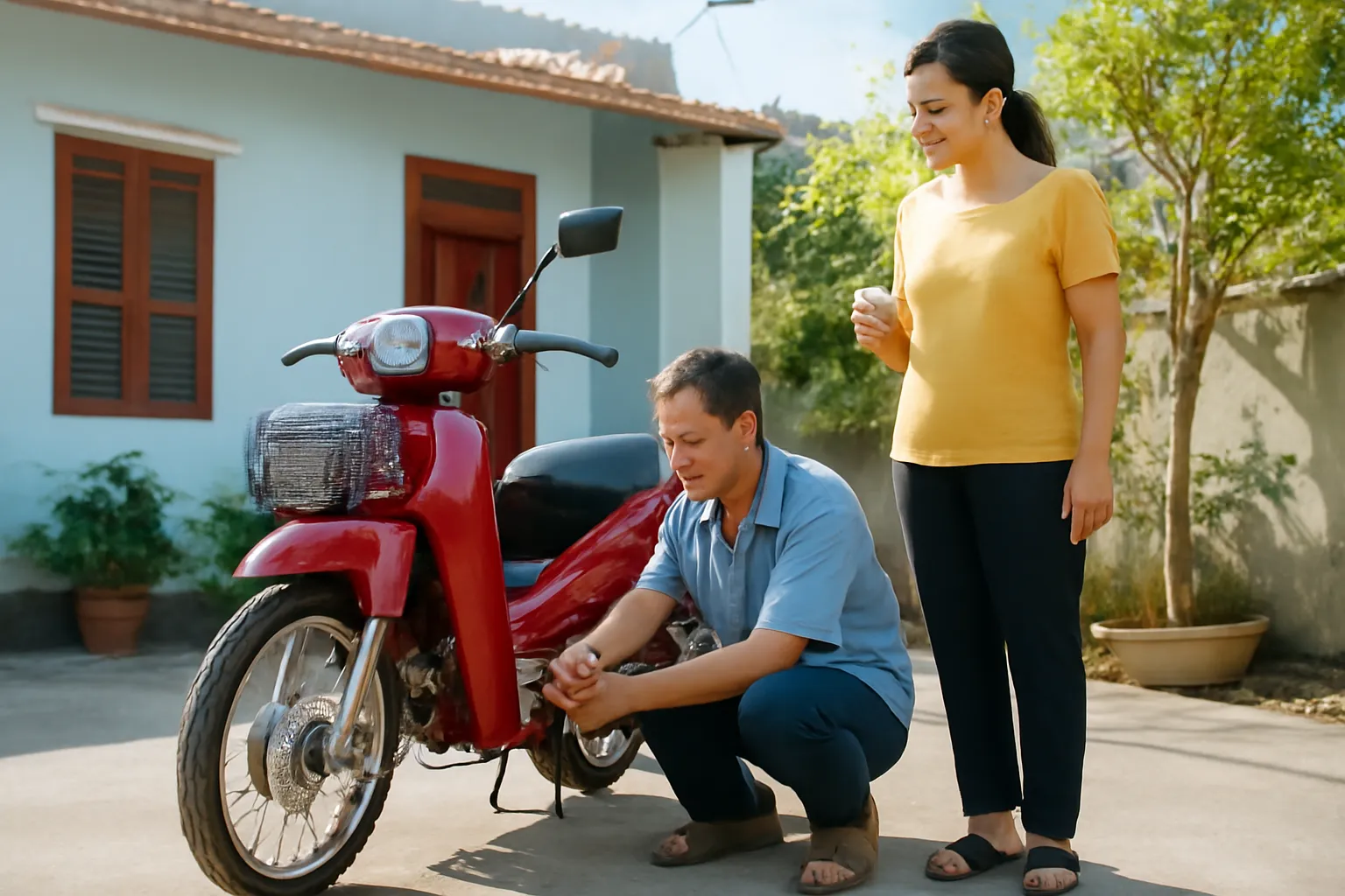 Người đàn ông trung niên ngồi xổm sửa chiếc xe máy của vợ trước sân nhà