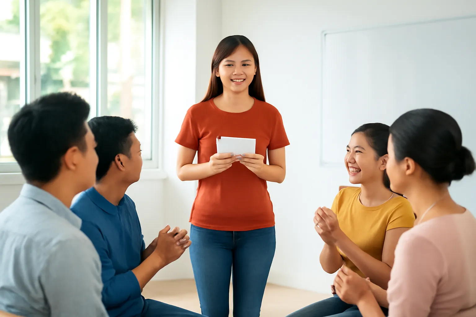 Cô gái trẻ cầm thẻ giấy, đứng nói trước một nhóm nhỏ