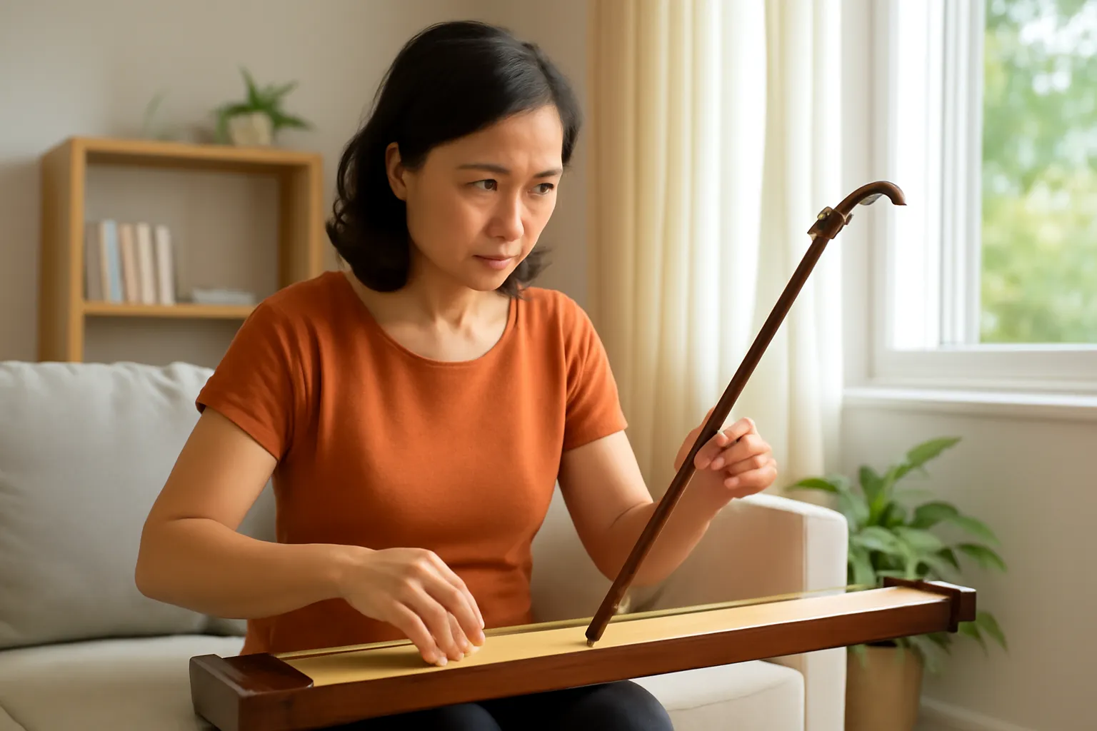Người phụ nữ trung niên ngồi tập đàn bầu trong phòng khách